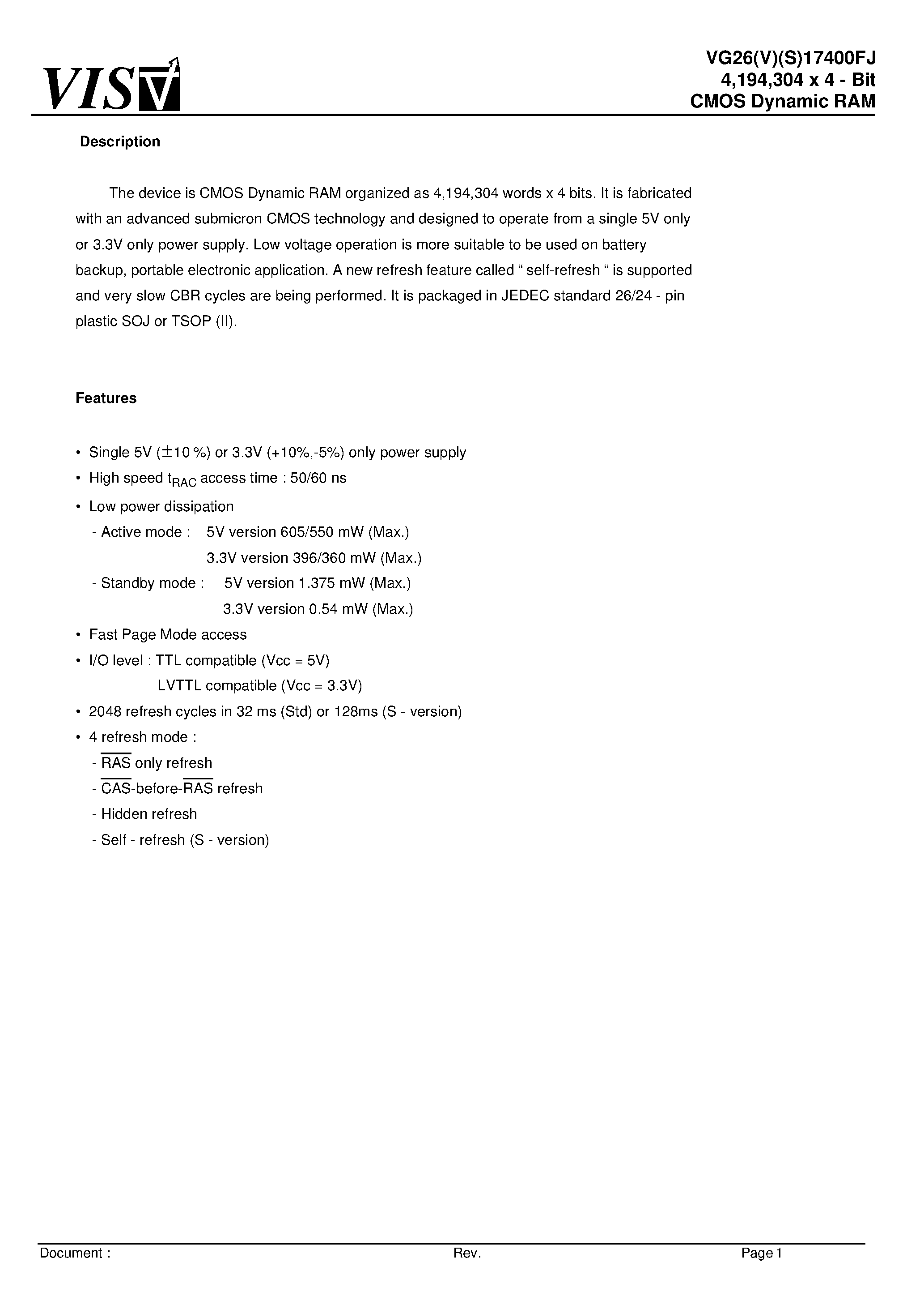 Даташит VG26VS17400FJ - 4/194/304 x 4 - Bit CMOS Dynamic RAM страница 1