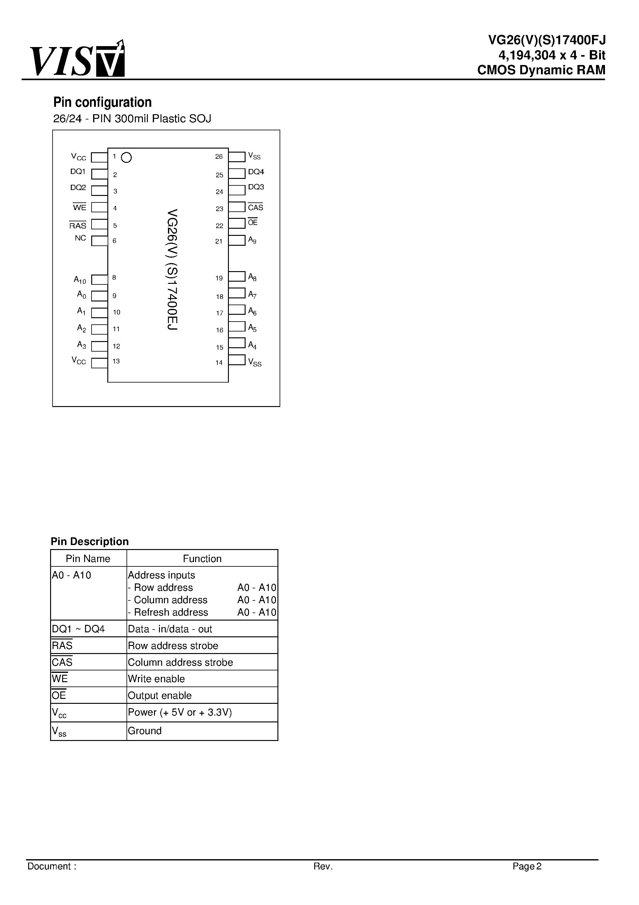 Даташит VG26VS17400FJ - 4/194/304 x 4 - Bit CMOS Dynamic RAM страница 2