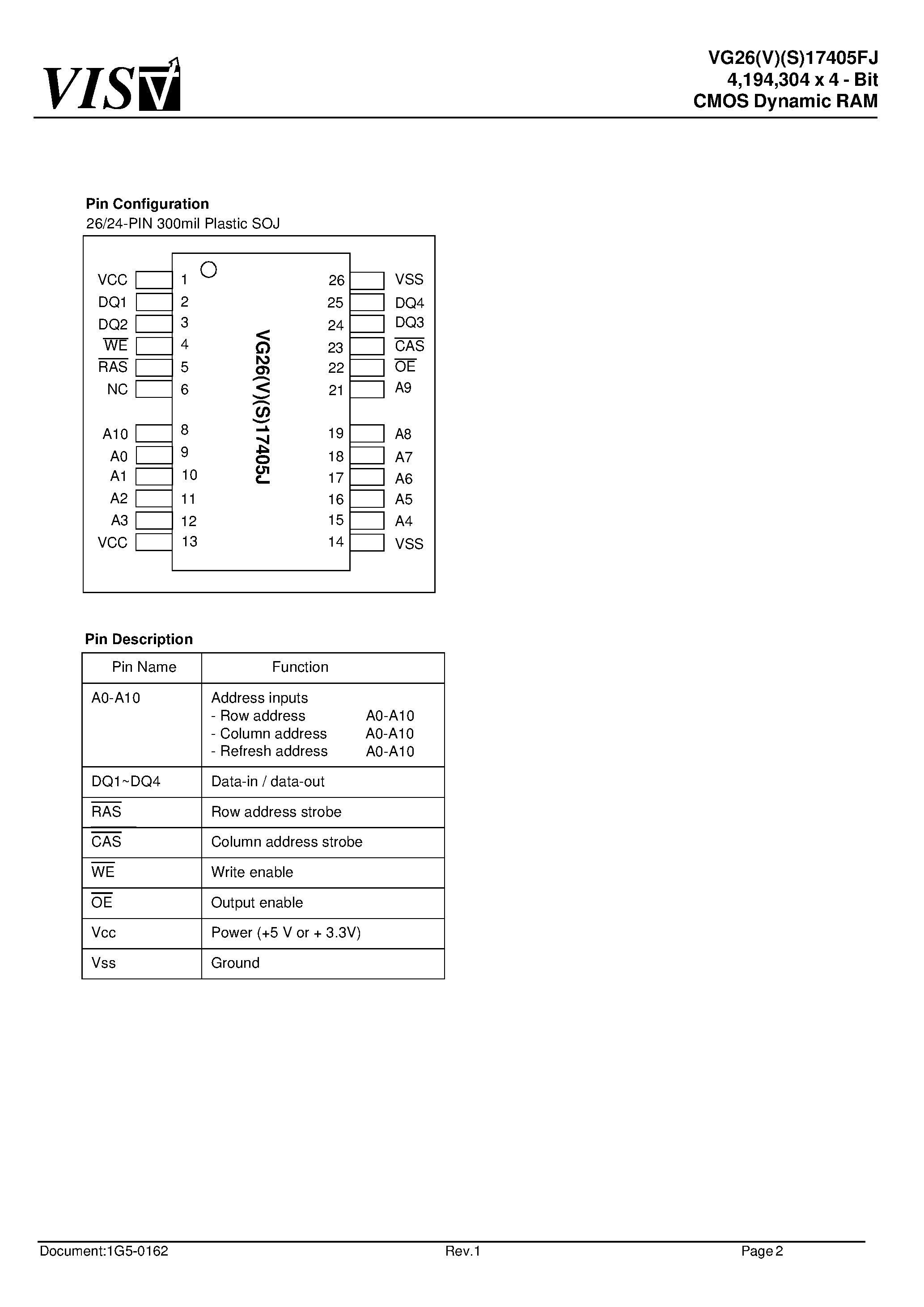 Даташит VG26VS17405FJ - 4/194/304 x 4 - Bit CMOS Dynamic RAM страница 2