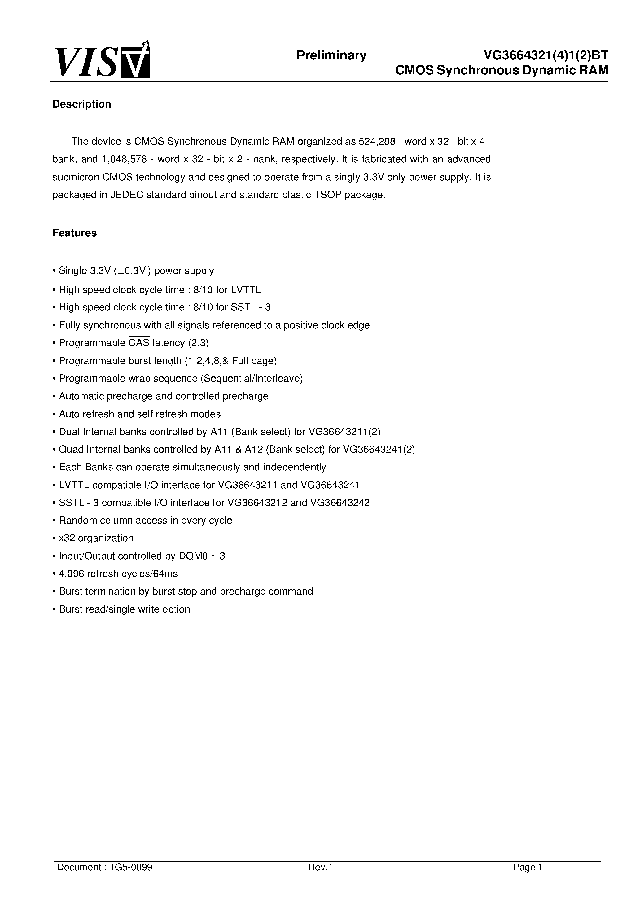 Datasheet VG36643241BT-7 - CMOS Synchronous Dynamic RAM page 1