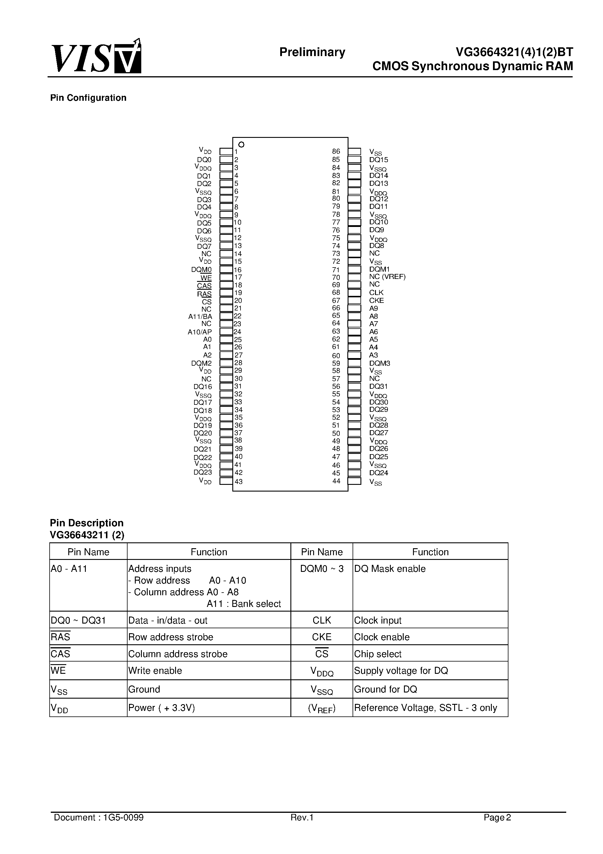 Datasheet VG36643241BT-7 - CMOS Synchronous Dynamic RAM page 2