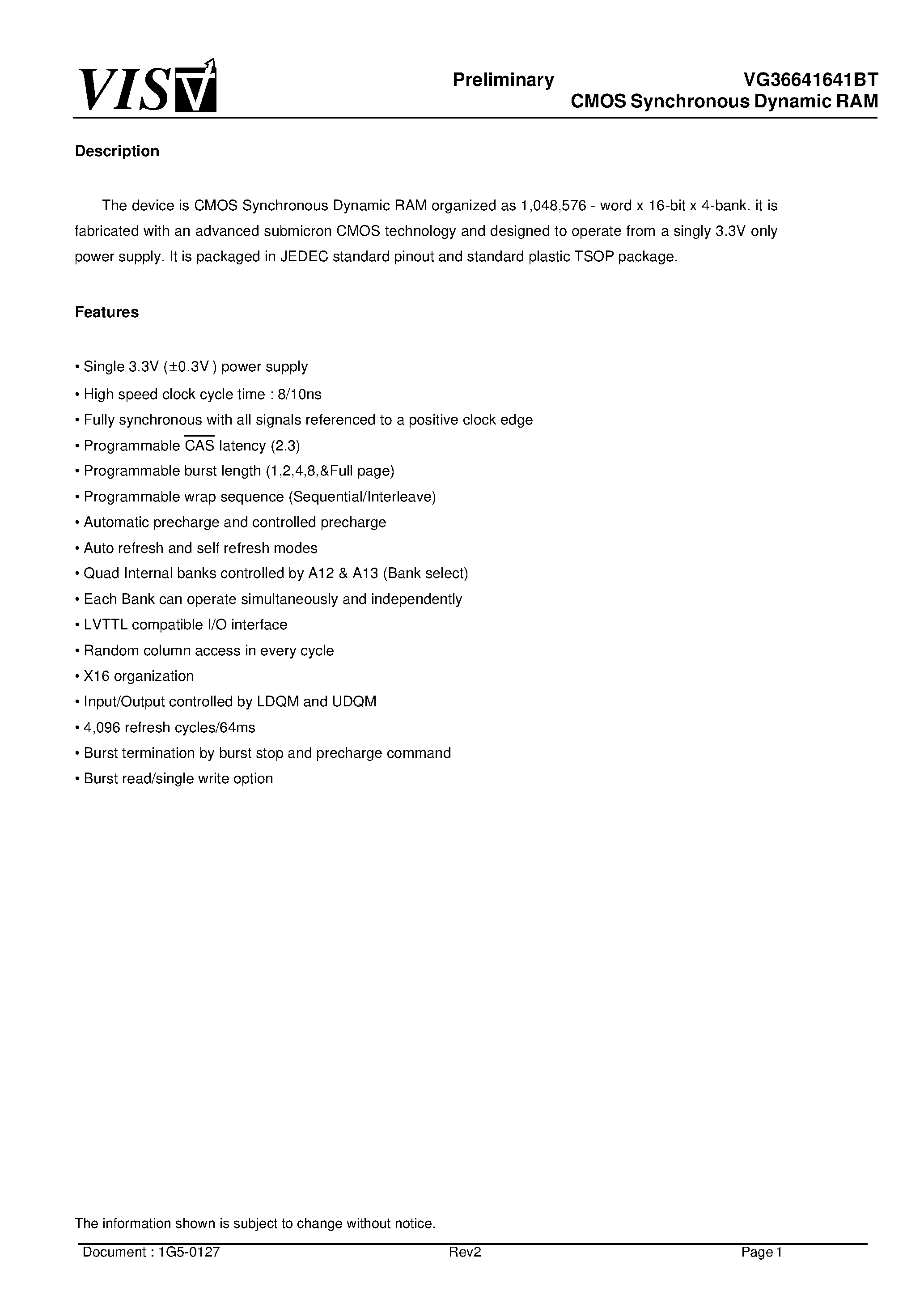 Datasheet VG36646141BT-7 - CMOS Synchronous Dynamic RAM page 1