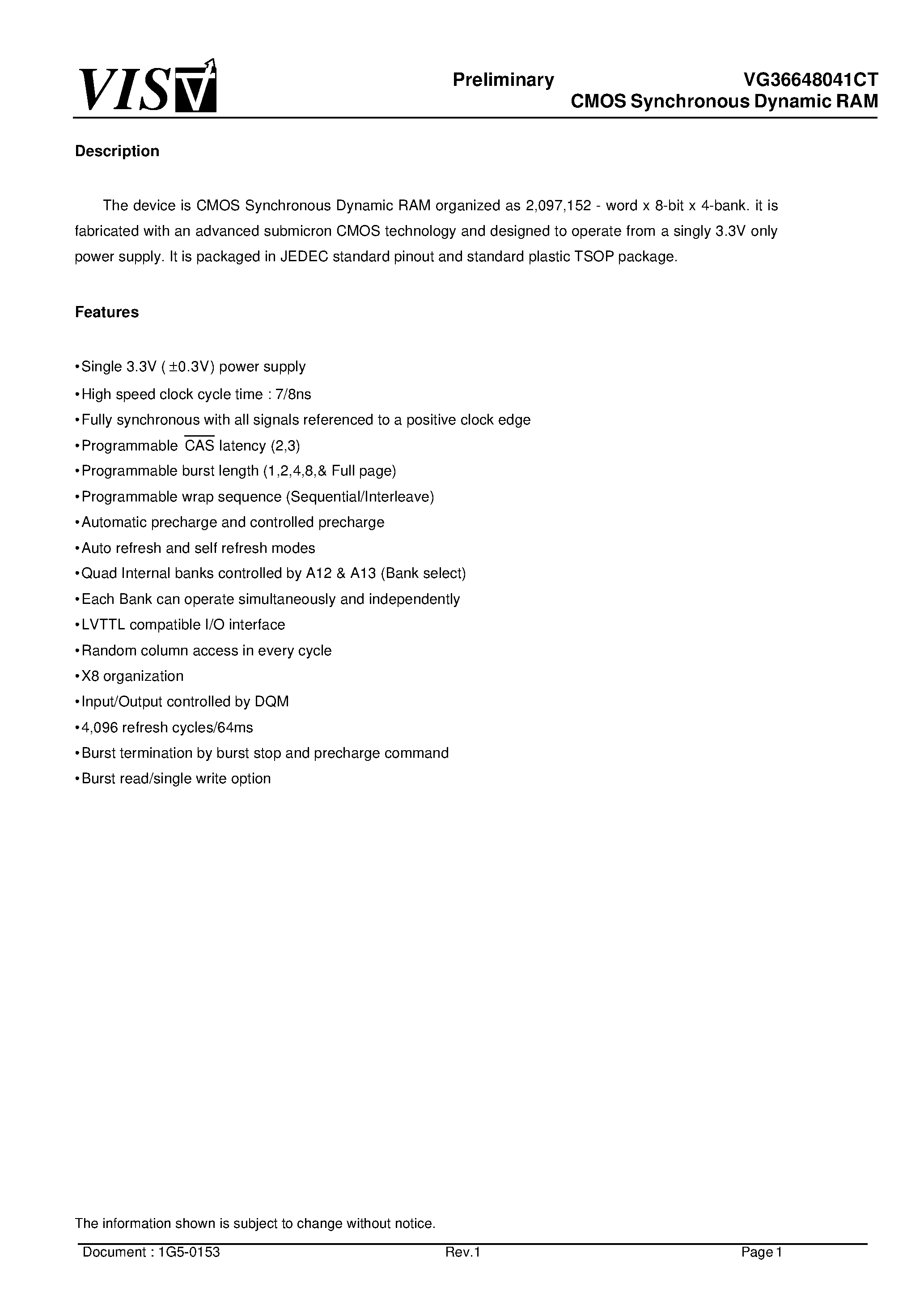 Datasheet VG36648041BT-7 - CMOS Synchronous Dynamic RAM page 1