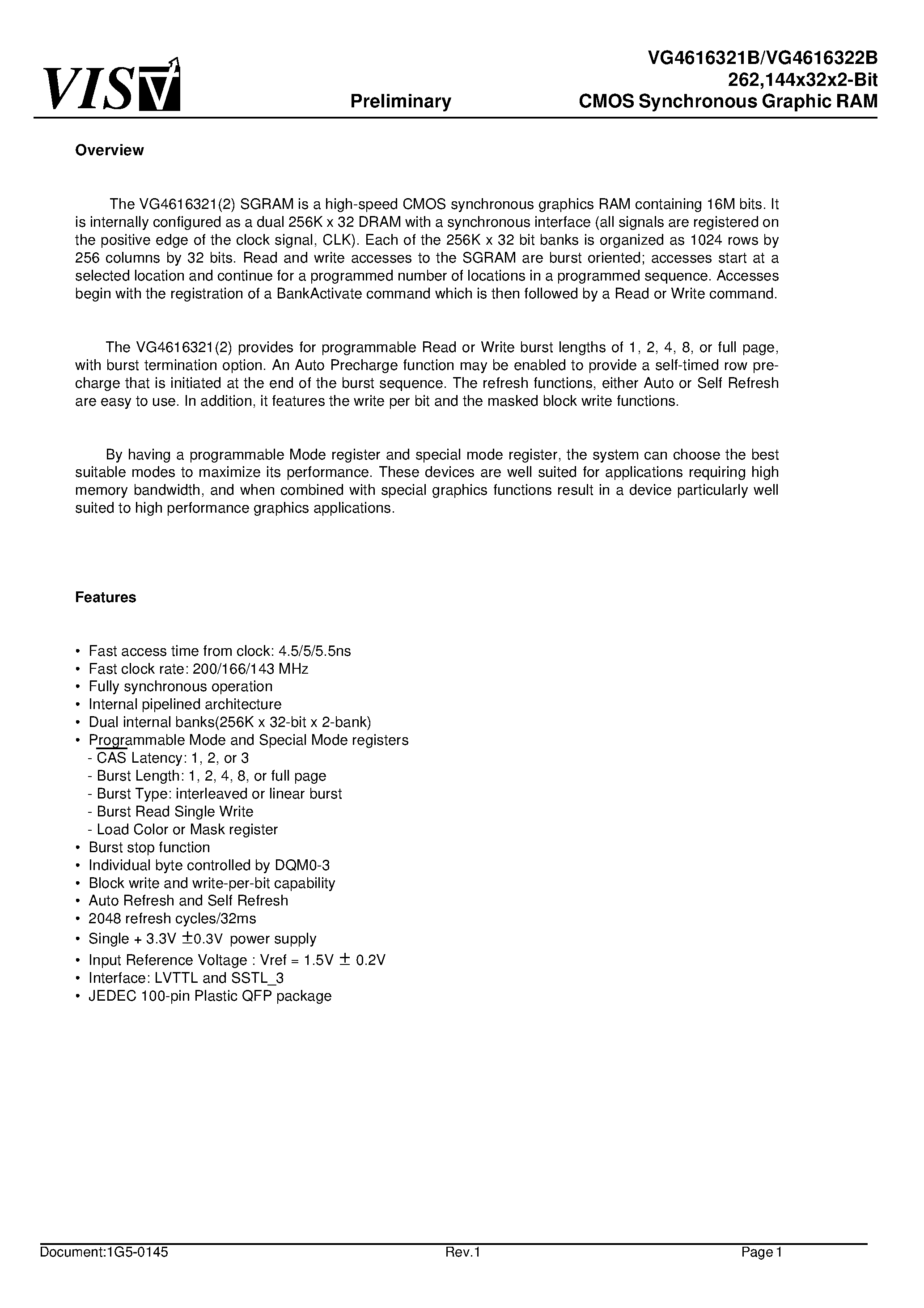 Datasheet VG4616322BQ-5 - 262/144x32x2-Bit CMOS Synchronous Graphic RAM page 1
