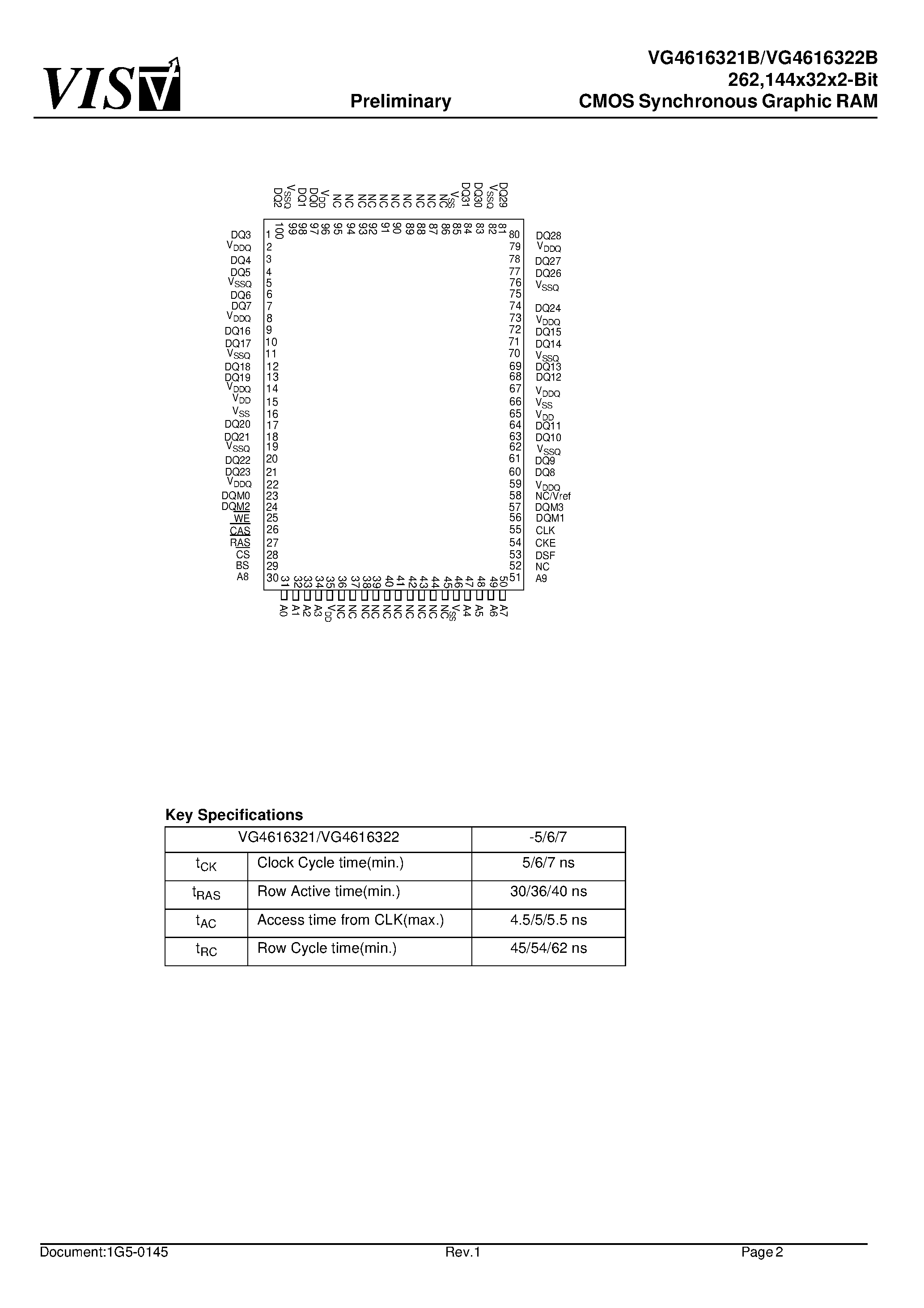 Datasheet VG4616322BQ-5 - 262/144x32x2-Bit CMOS Synchronous Graphic RAM page 2