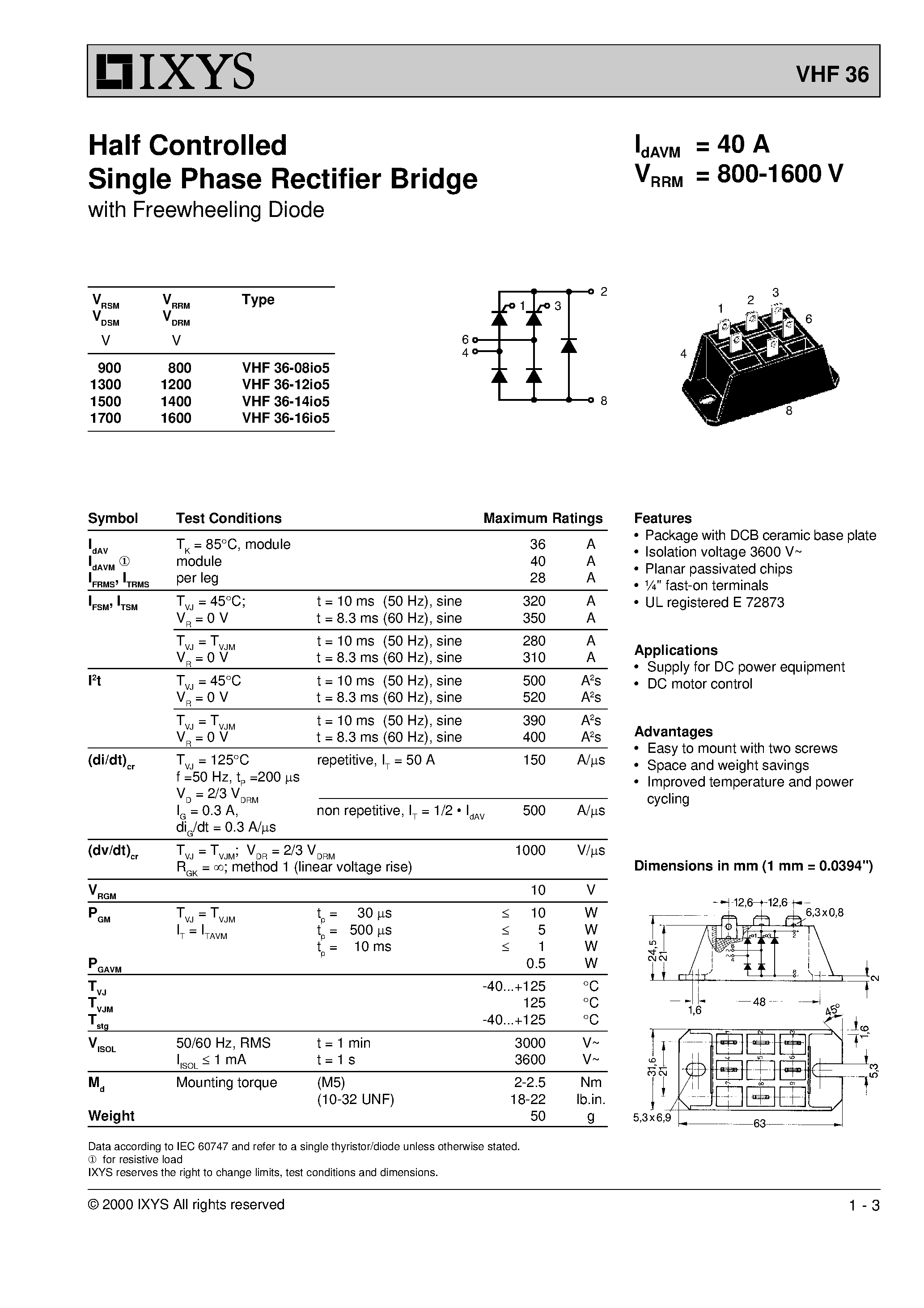 Datasheet VHF36-12IO5 page 1 Datasheet VHF36-12IO5 - Half Controlled Single Phase Rectifier Bridge page 1