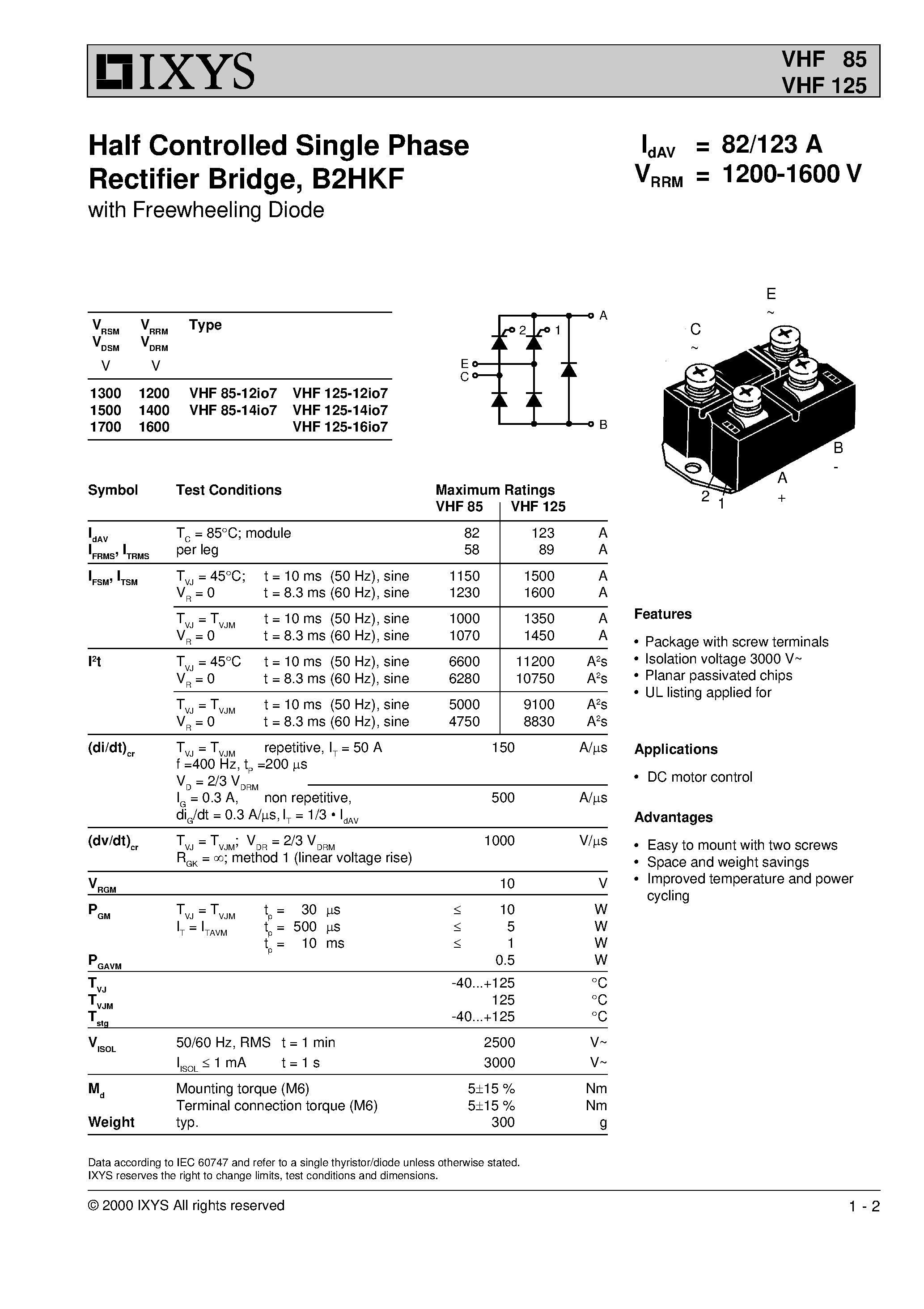 Datasheet VHF85 page 1 Datasheet VHF85 - Half Controlled Single Phase Rectifier Bridge/ B2HKF page 1