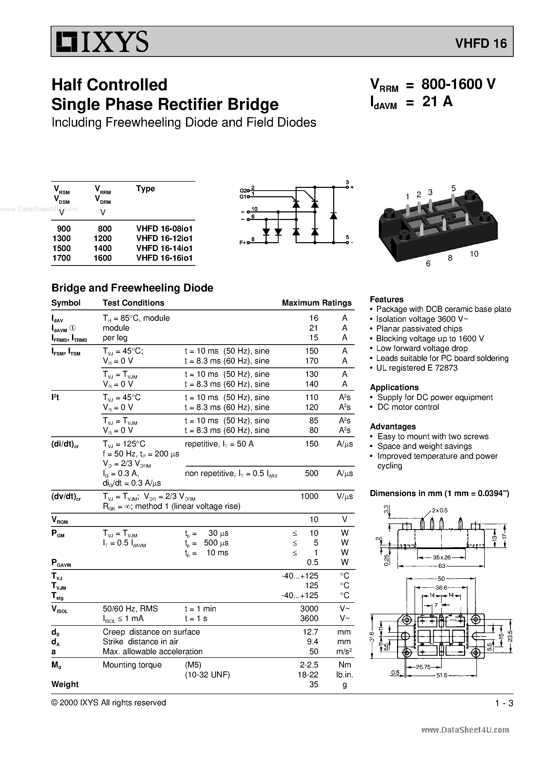 Datasheet VHFD16-14IO1 - Half Controlled Single Phase Rectifier Bridge page 1