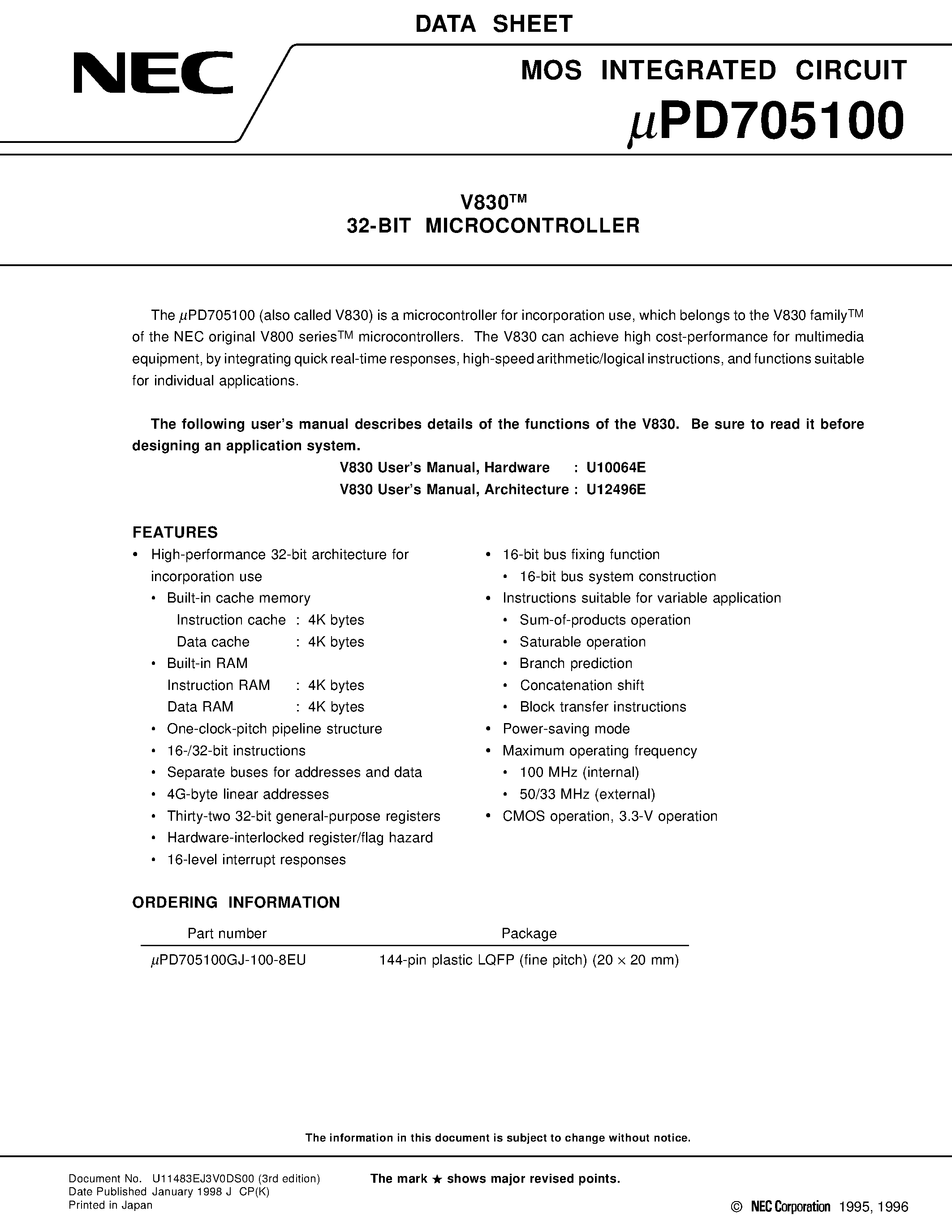 Даташит на микросхему UPD705100GJ-100-8 страница 1 Даташит UPD705100GJ-100-8 - V830TM 32-BIT MICROCONTROLLER страница 1