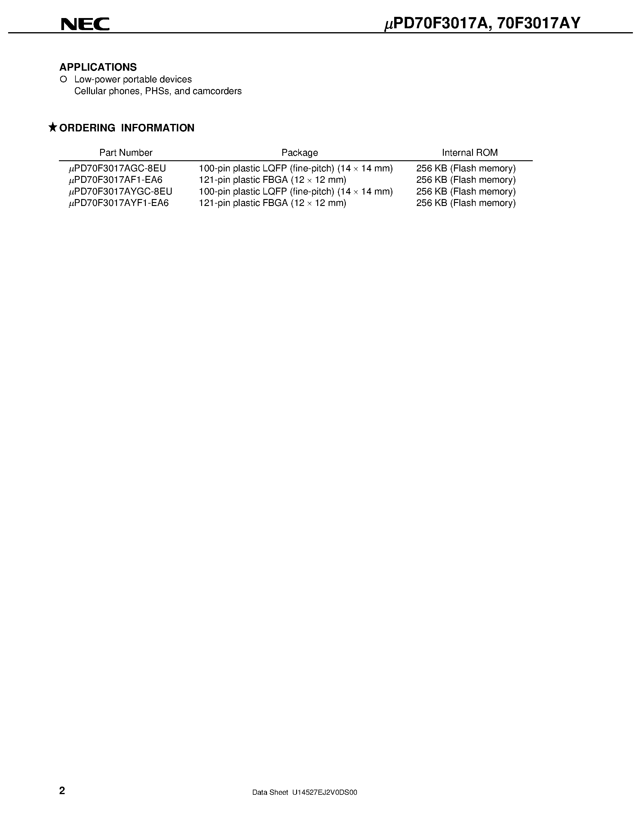 Datasheet UPD70F3017A - V850/SA1TM 32-/16-BIT SINGLE-CHIP MICROCONTROLLER page 2