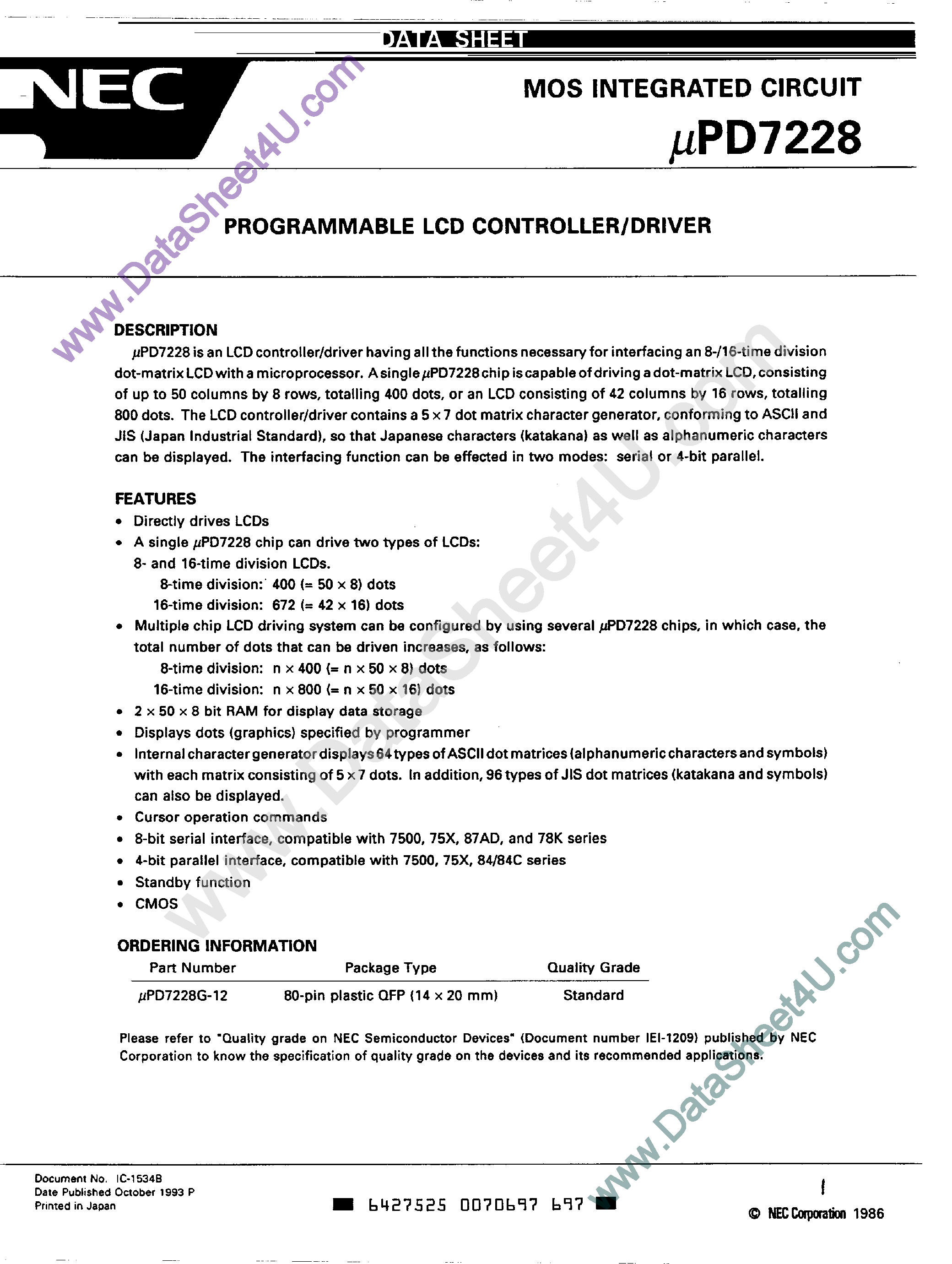 Даташит UPD7228 - 1/8/ 1/16 DUTY LCD CONTROLLER/DRIVER страница 1