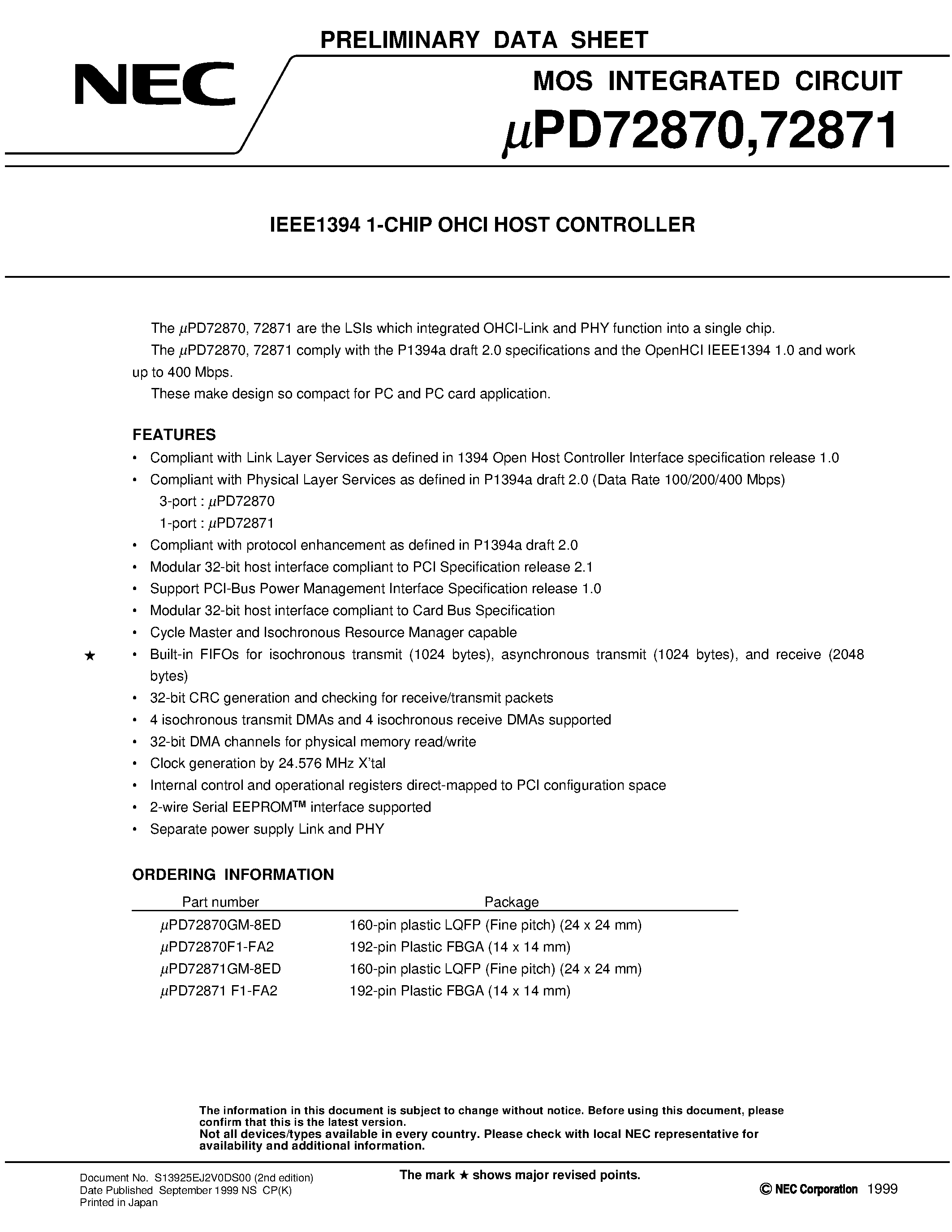 Datasheet UPD72871GM-8ED - IEEE1394 1-CHIP OHCI HOST CONTROLLER page 1