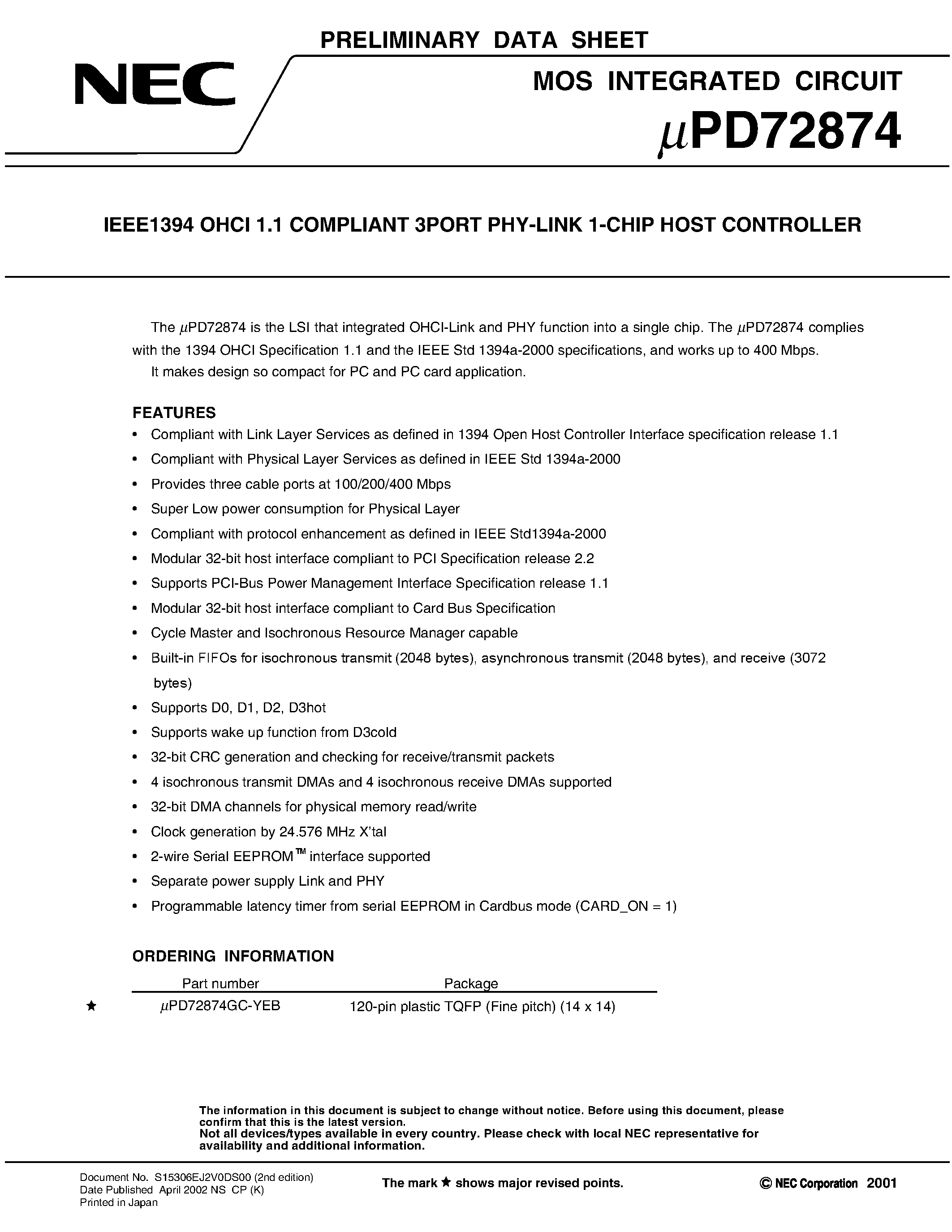 Datasheet UPD72874 - IEEE1394 OHCI 1.1 COMPLIANT 3PORT PHY-LINK 1-CHIP HOST CONTROLLER page 1