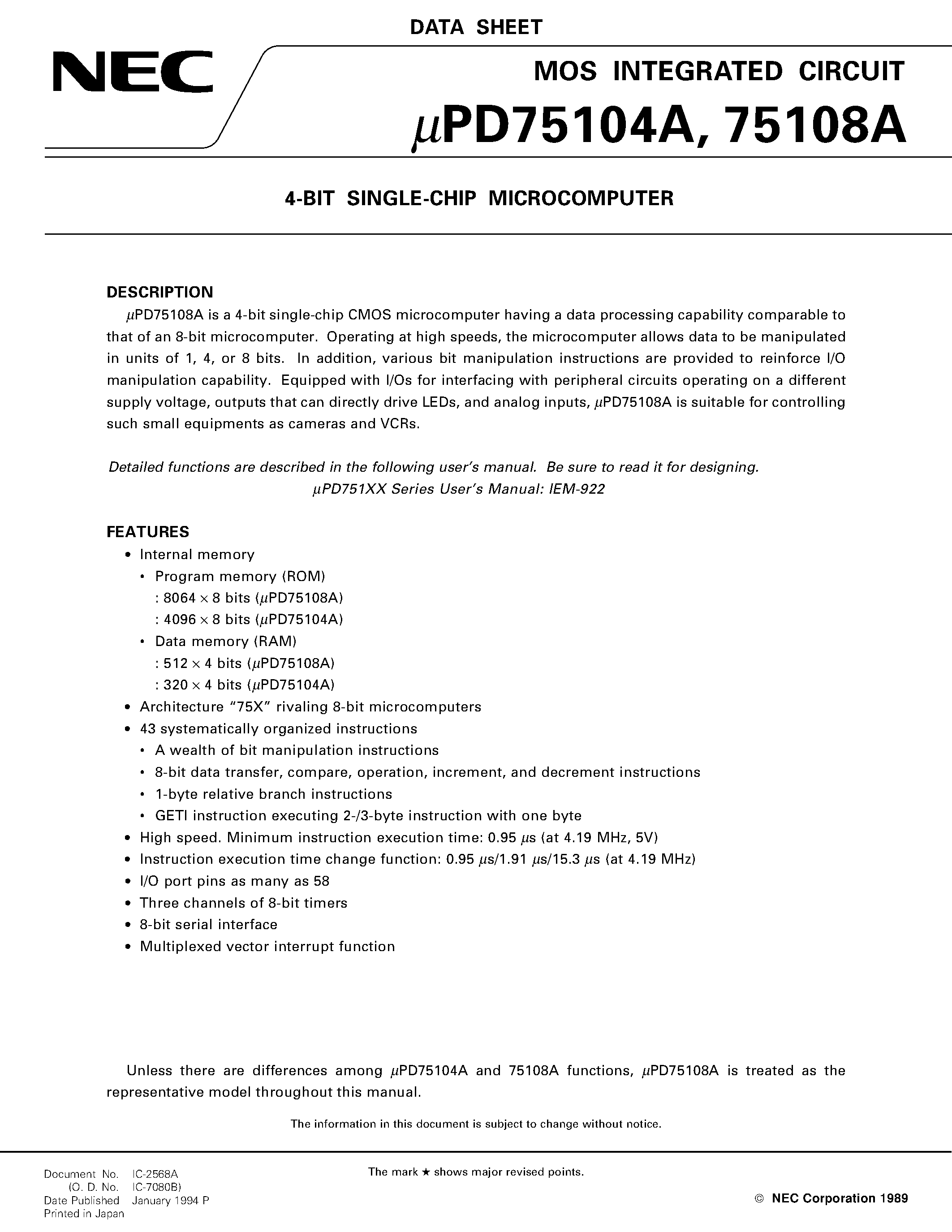 Datasheet UPD75108AGC - 4-BIT SINGLE-CHIP MICROCOMPUTER page 1