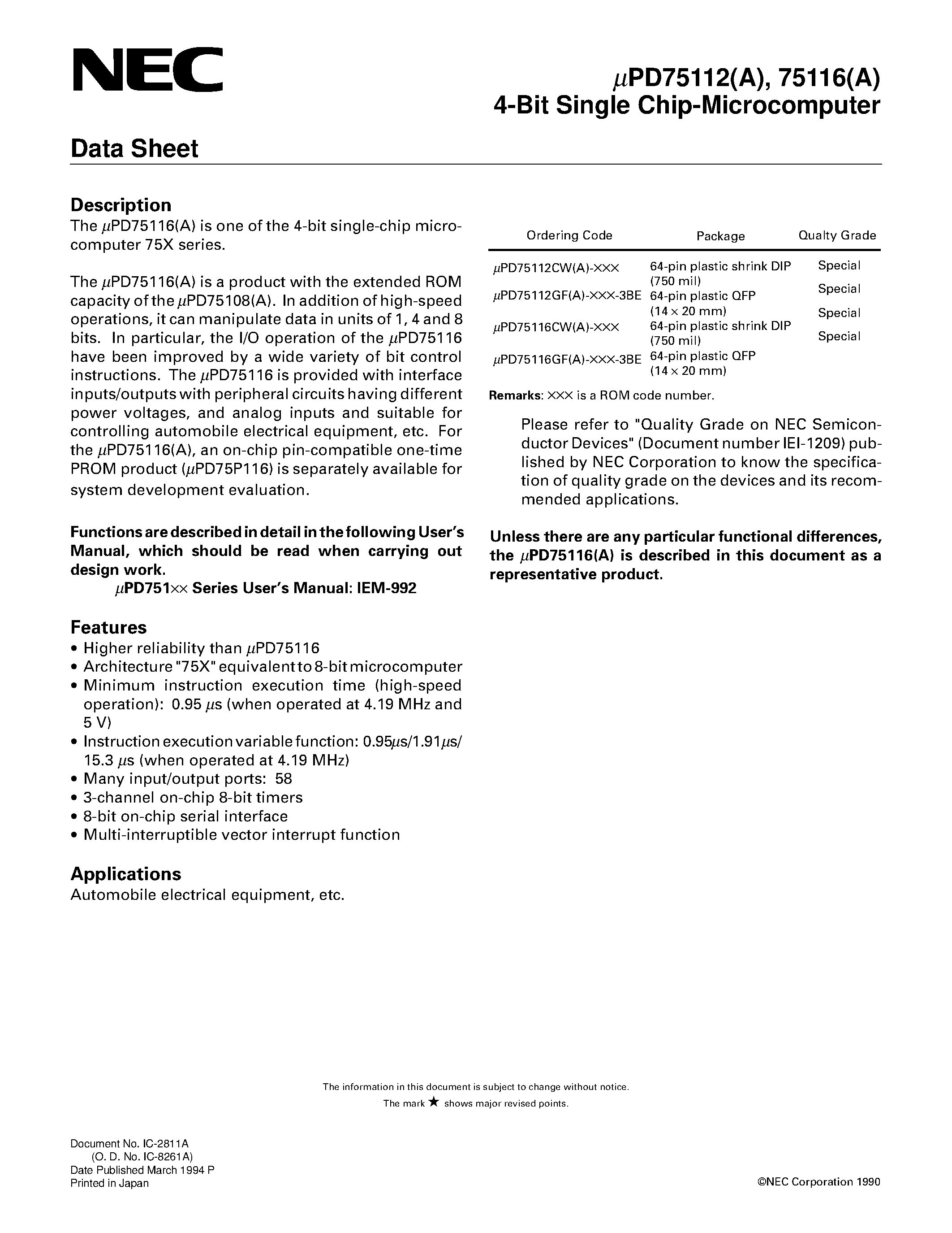 Datasheet UPD75112GFA page 1 Datasheet UPD75112GFA - 4-Bit Single Chip-Microcomputer page 1