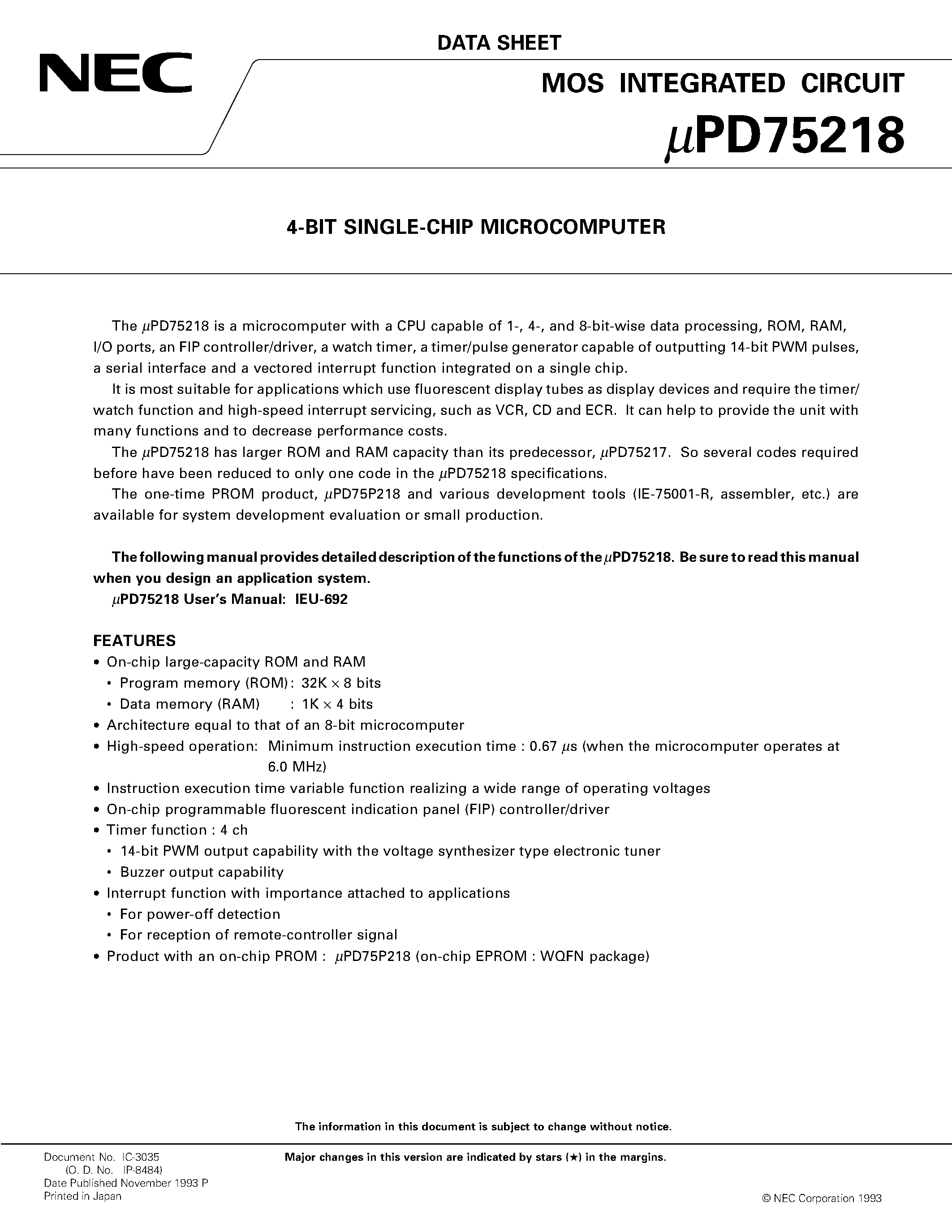 Datasheet UPD75218 - 4-BIT SINGLE-CHIP MICROCOMPUTER page 1