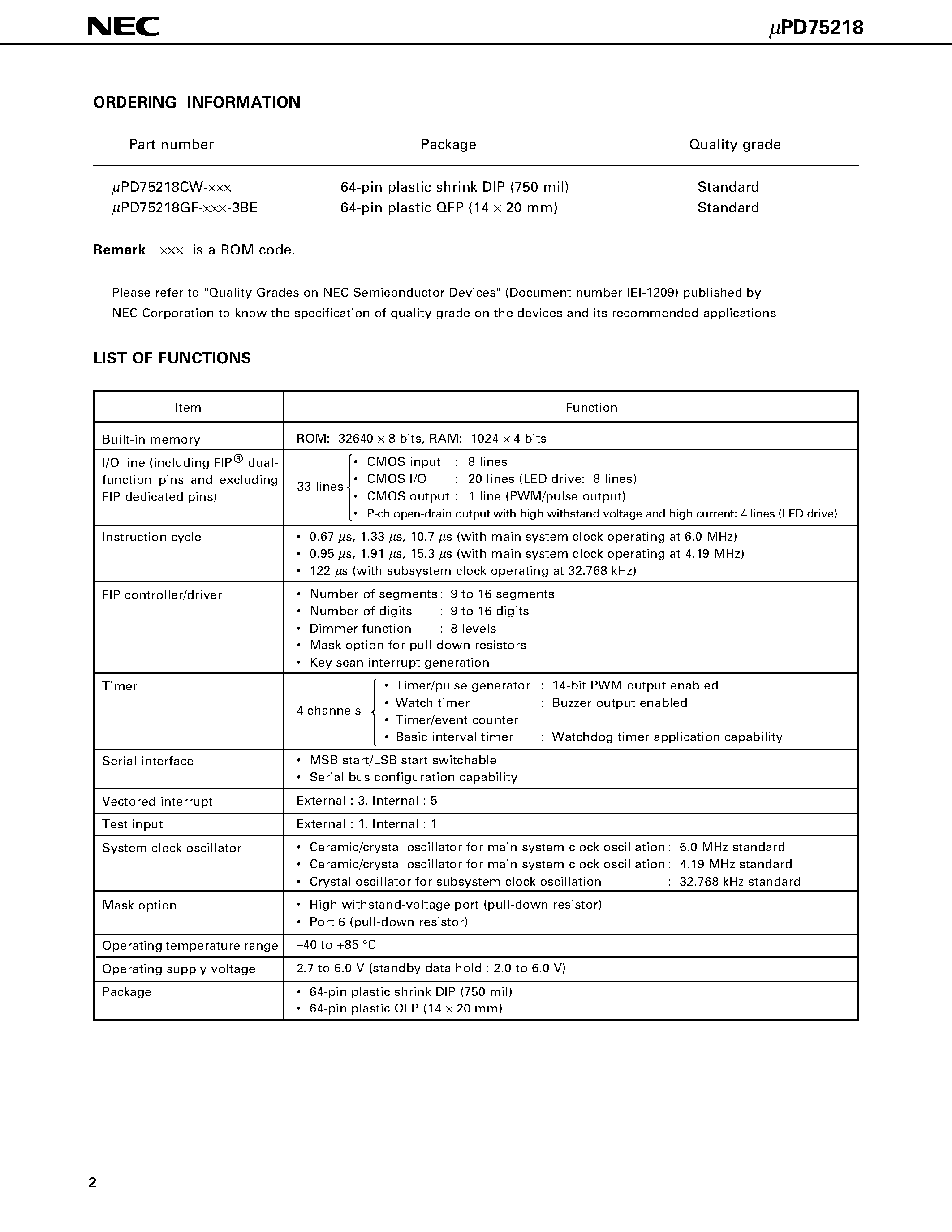 Datasheet UPD75218 - 4-BIT SINGLE-CHIP MICROCOMPUTER page 2