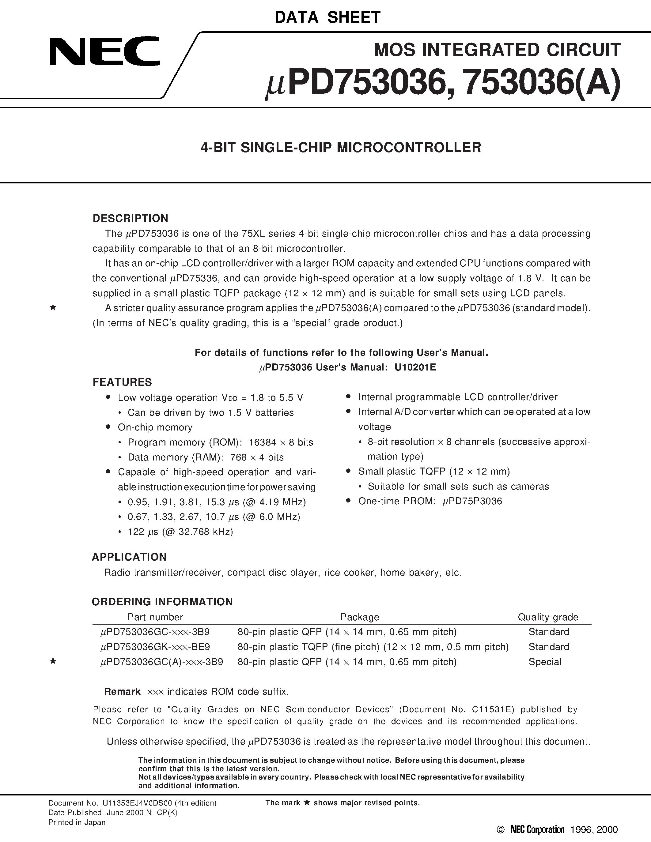 Datasheet UPD753036 page 1 Datasheet UPD753036 - 4-BIT SINGLE-CHIP MICROCONTROLLER page 1