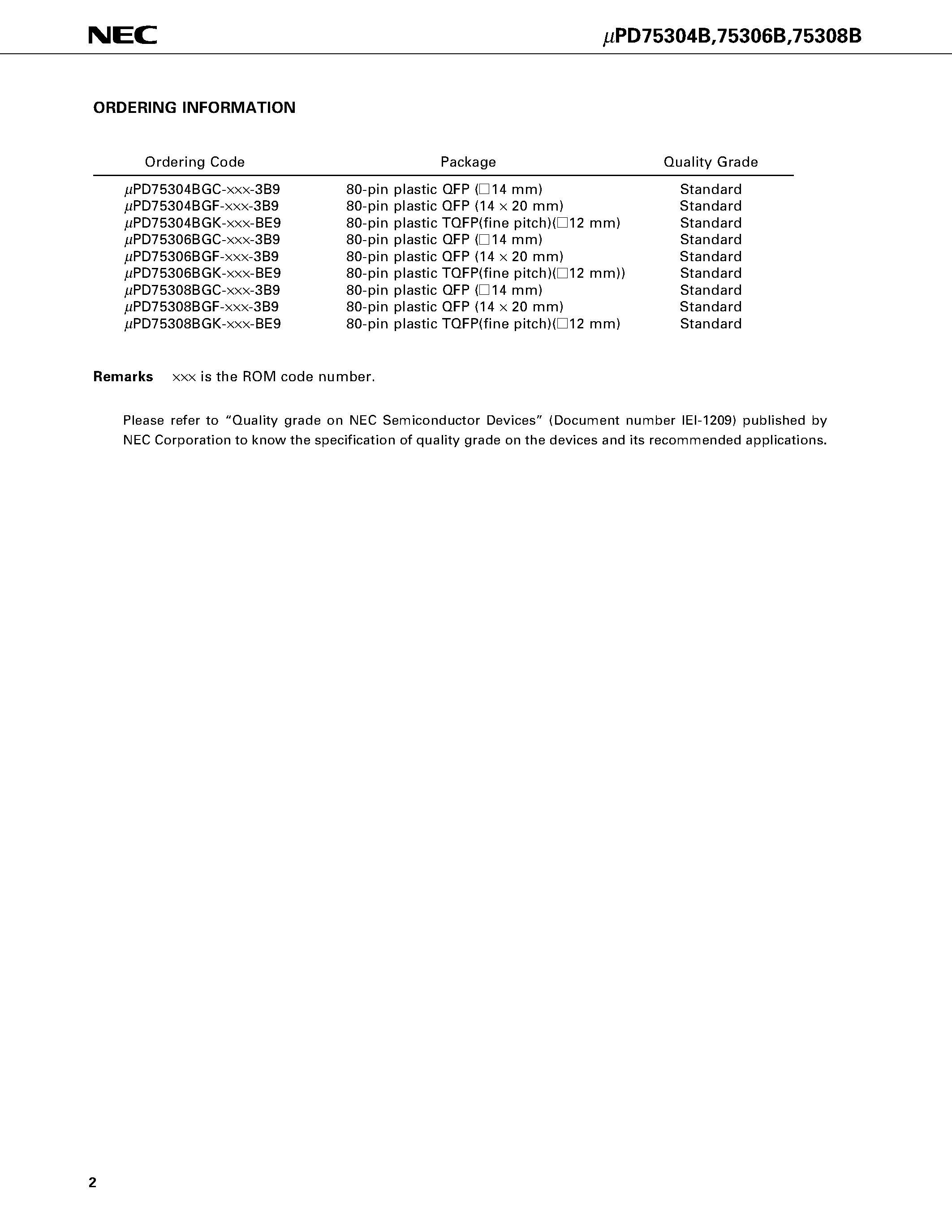 Datasheet UPD75306BGC - 4-BIT SINGLE-CHIP MICROCOMPUTER page 2