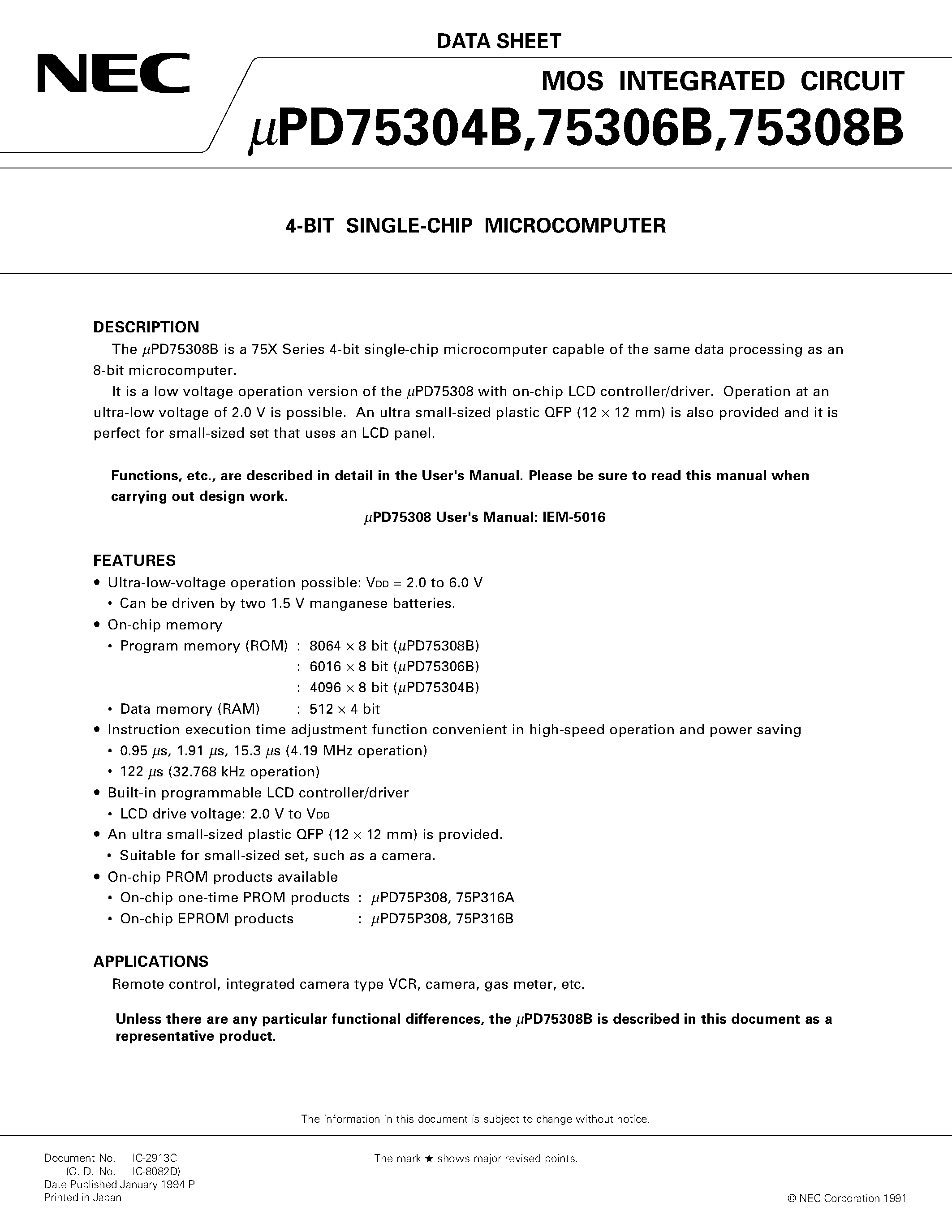 Datasheet UPD75308BGC - 4-BIT SINGLE-CHIP MICROCOMPUTER page 1