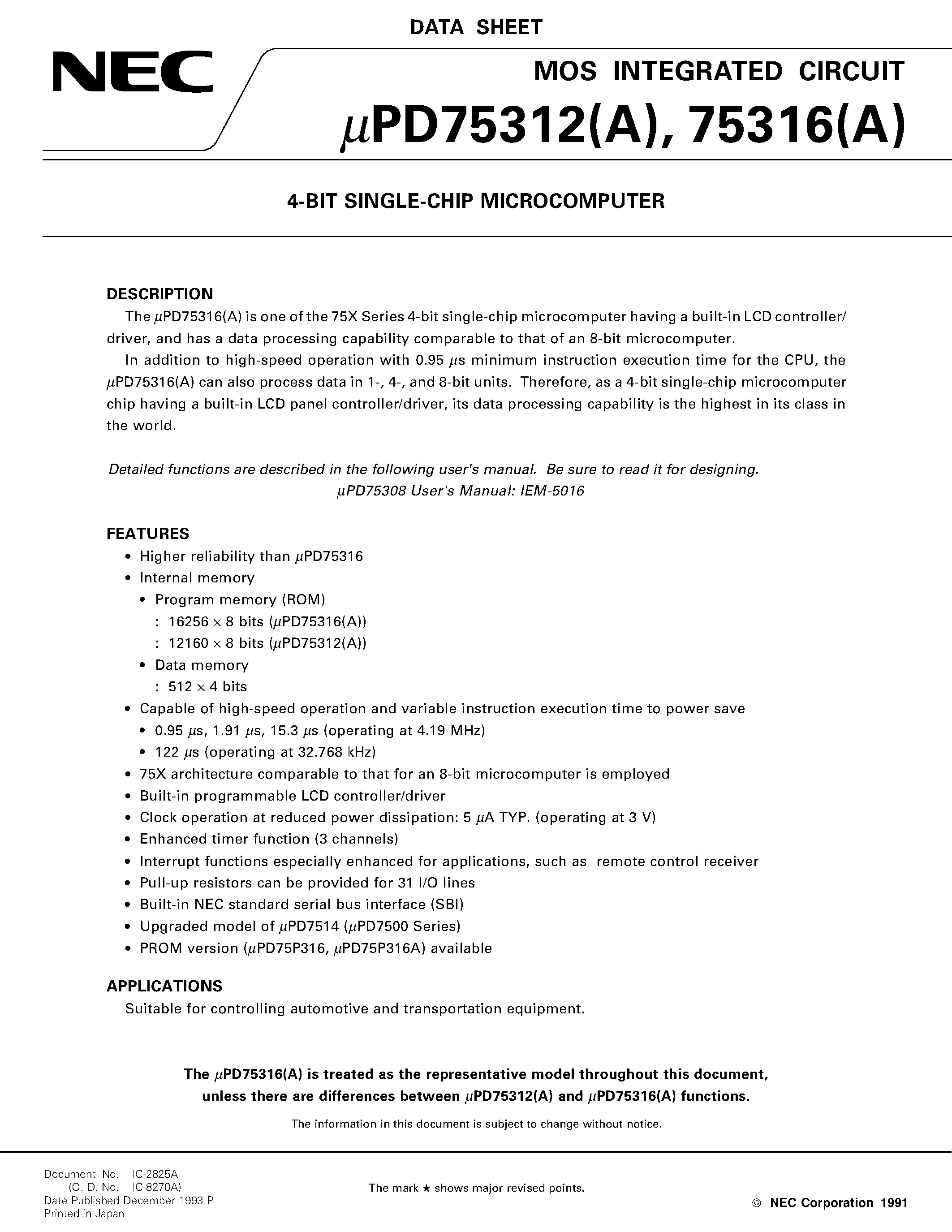 Datasheet UPD75312A - 4-BIT SINGLE-CHIP MICROCOMPUTER page 1