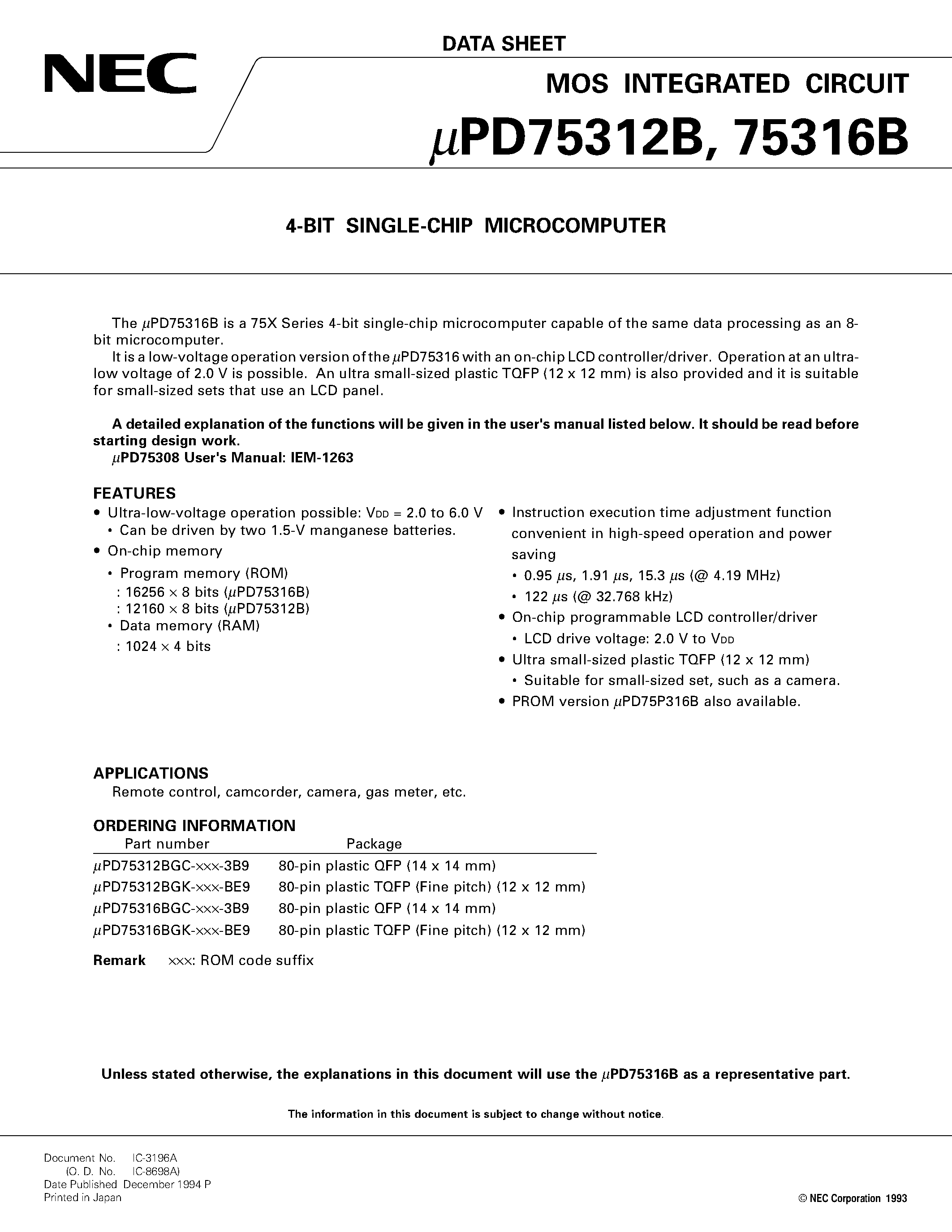 Datasheet UPD75312B - 4-BIT SINGLE-CHIP MICROCOMPUTER page 1