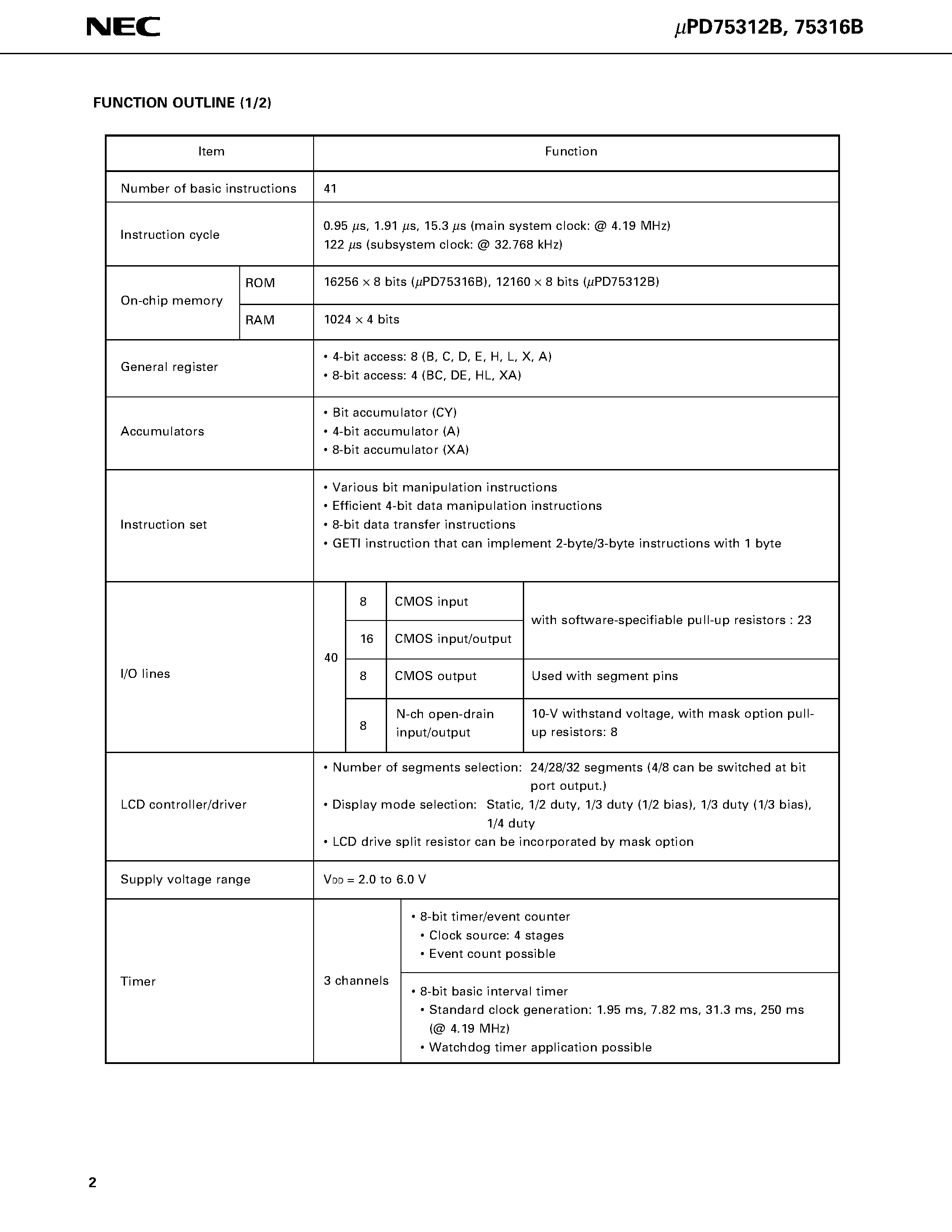 Datasheet UPD75312B - 4-BIT SINGLE-CHIP MICROCOMPUTER page 2