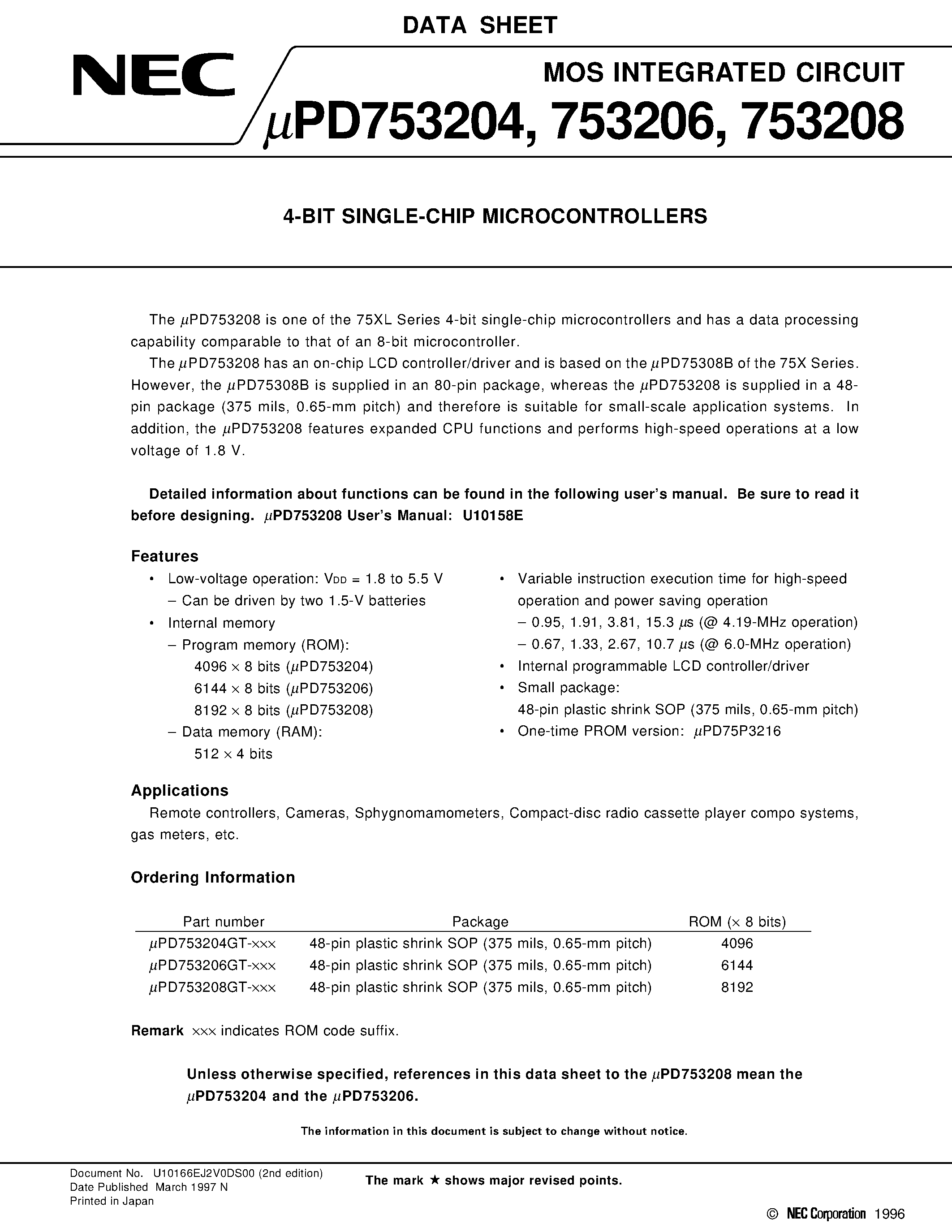Datasheet UPD753206 - 4-BIT SINGLE-CHIP MICROCONTROLLERS page 1