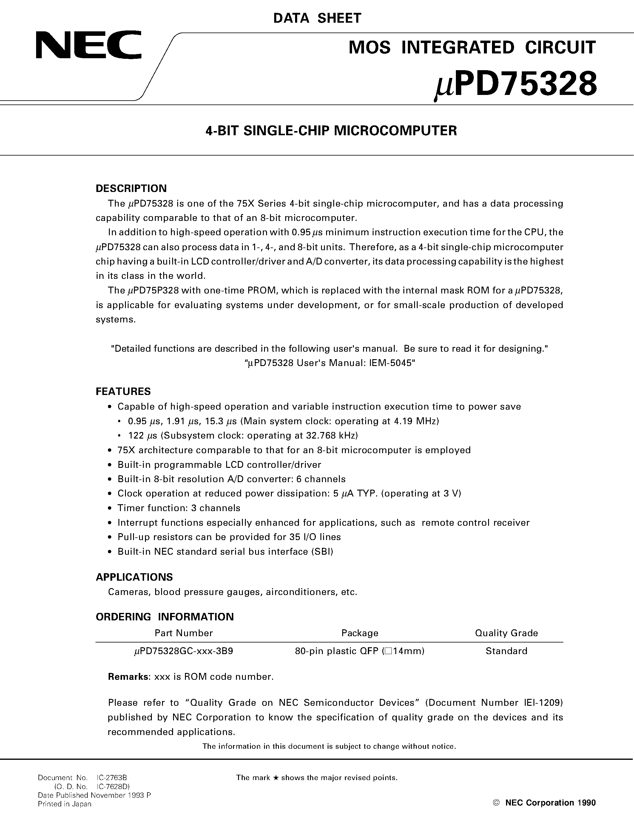 Datasheet UPD75328GC - 4-BIT SINGLE-CHIP MICROCOMPUTER page 1