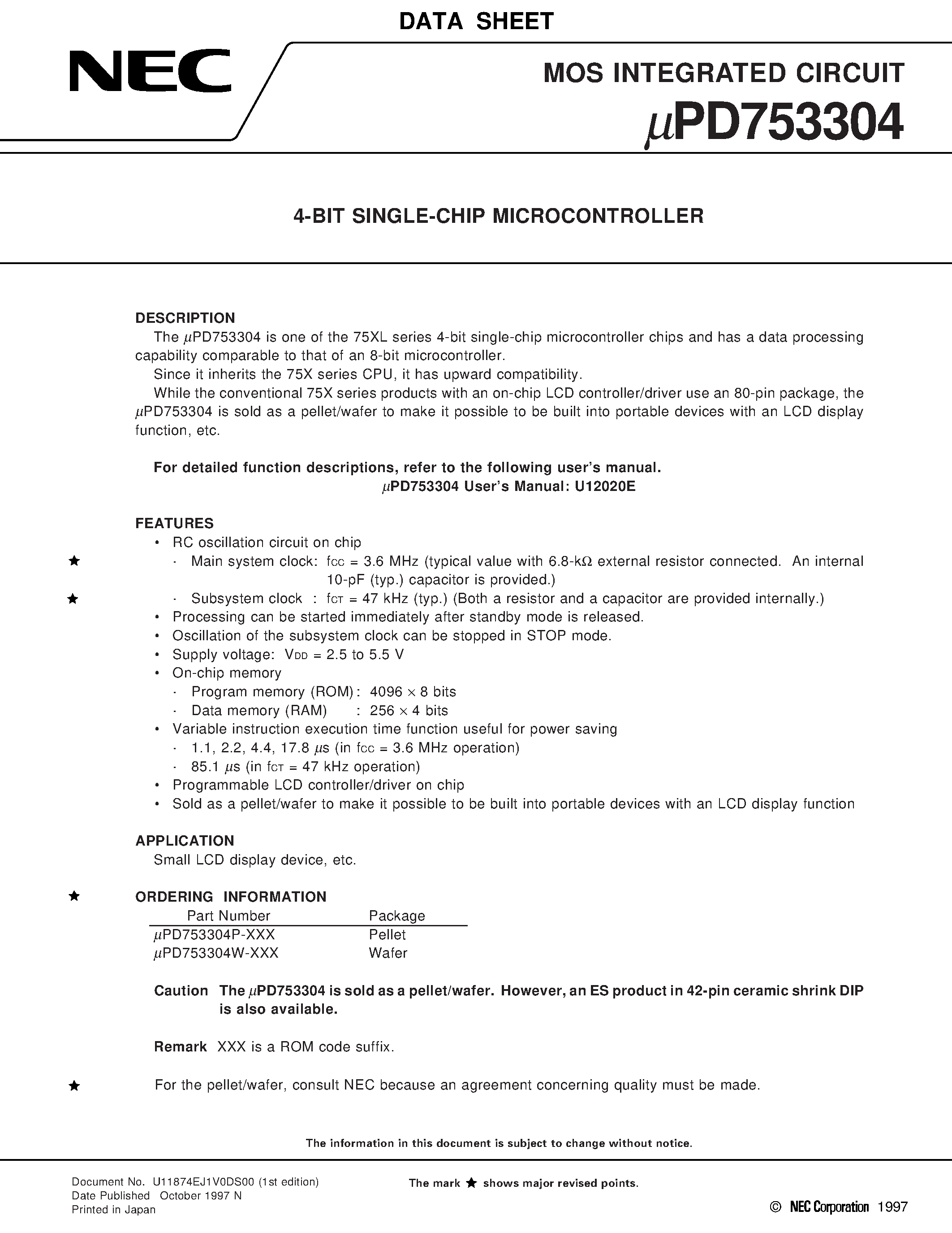Datasheet UPD753304P page 1 Datasheet UPD753304P - 4-BIT SINGLE-CHIP MICROCONTROLLER page 1