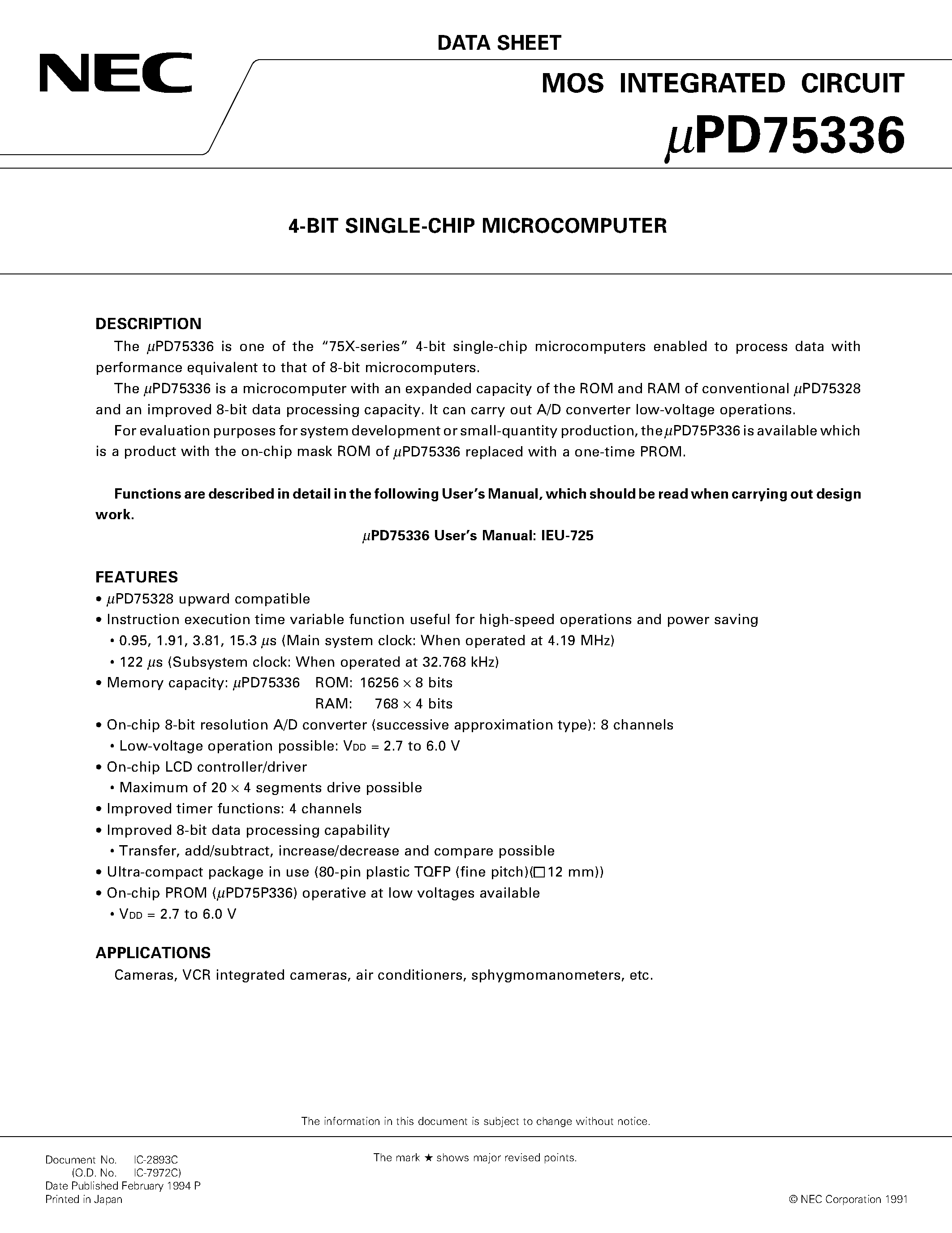 Datasheet UPD75336GK - 4-BIT SINGLE-CHIP MICROCOMPUTER page 1
