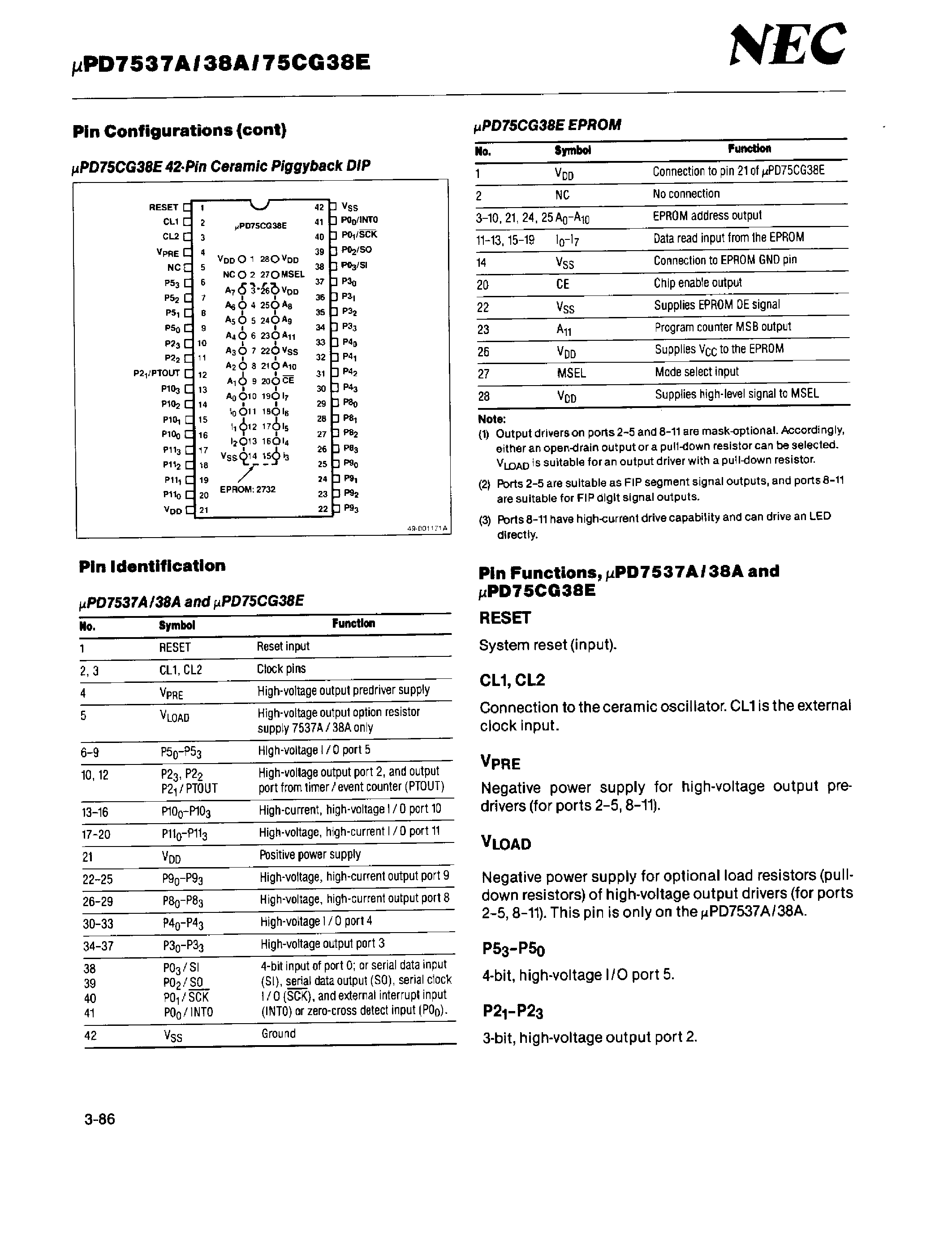 Даташит UPD7538ACU - 4 BIT SINGLE CHIP CMOS MICROCOMPUTERS WITH FIP DRIVER страница 2