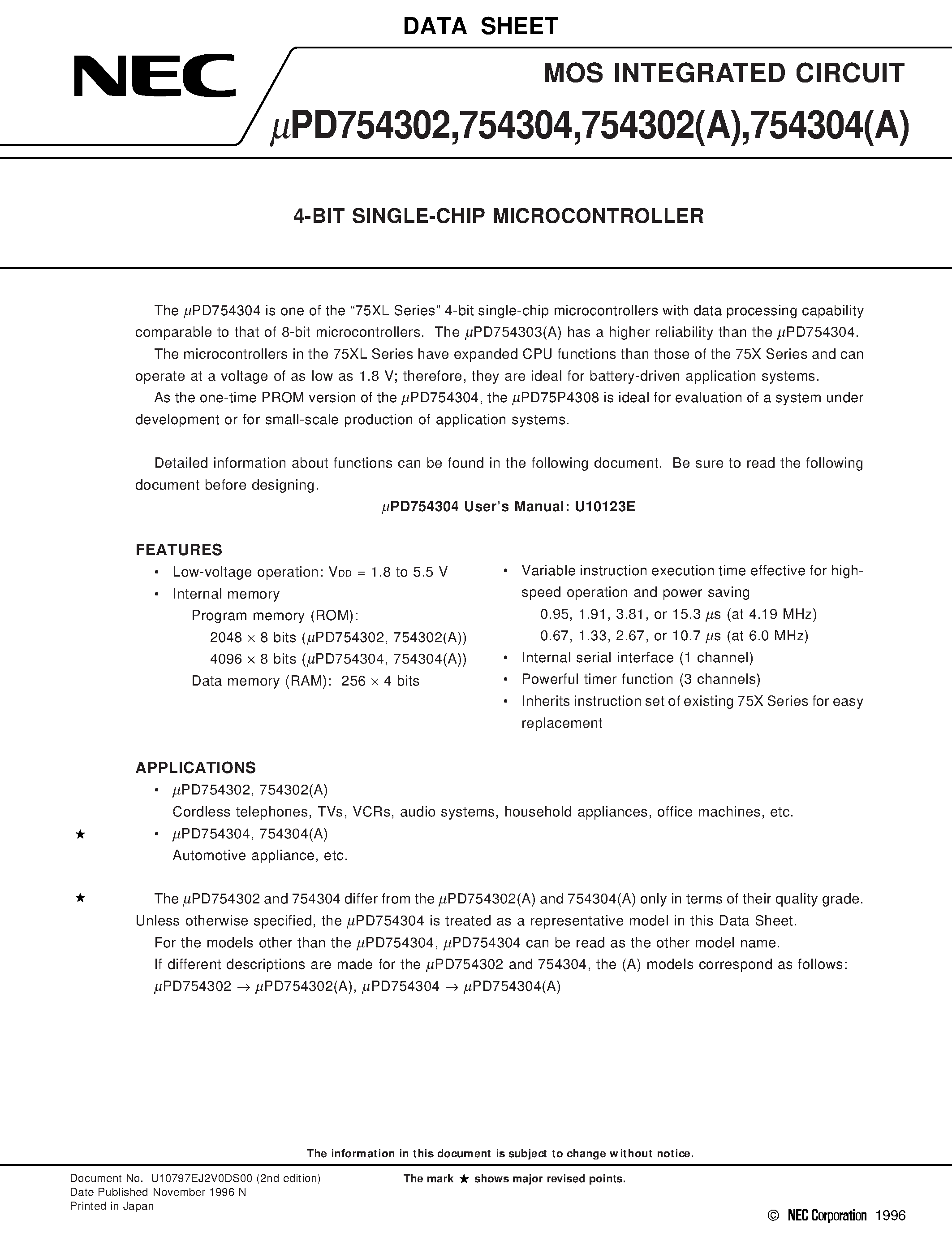 Datasheet UPD754302 page 1 Datasheet UPD754302 - 4-BIT SINGLE-CHIP MICROCONTROLLER page 1