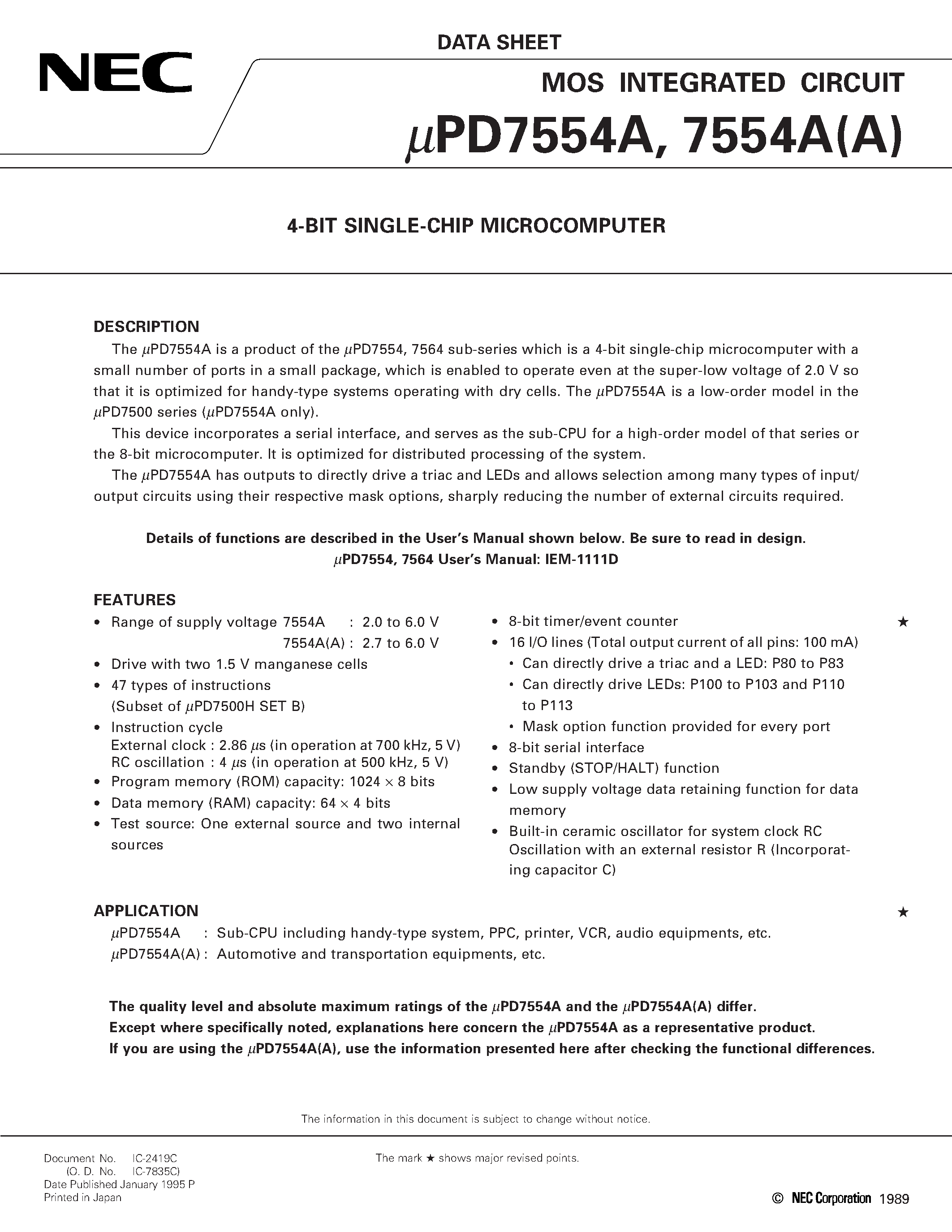 Datasheet UPD7554 page 1 Datasheet UPD7554 - 4-BIT SINGLE-CHIP MICROCOMPUTER page 1