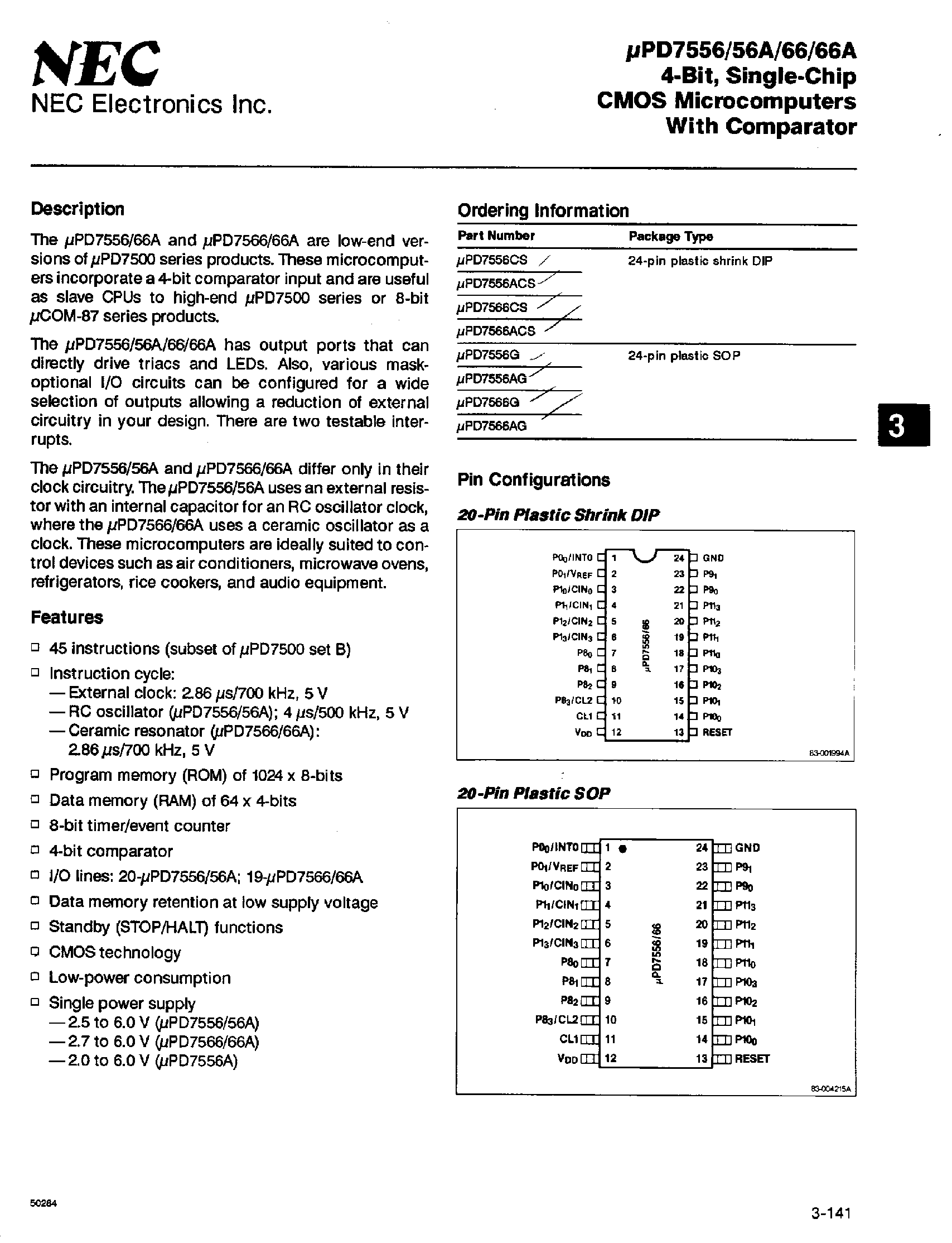 Даташит UPD7566CS - 4-BIT/ SINGLE-CHIP CMOS MICROCOMPUTERS WITH COMPARATOR страница 1