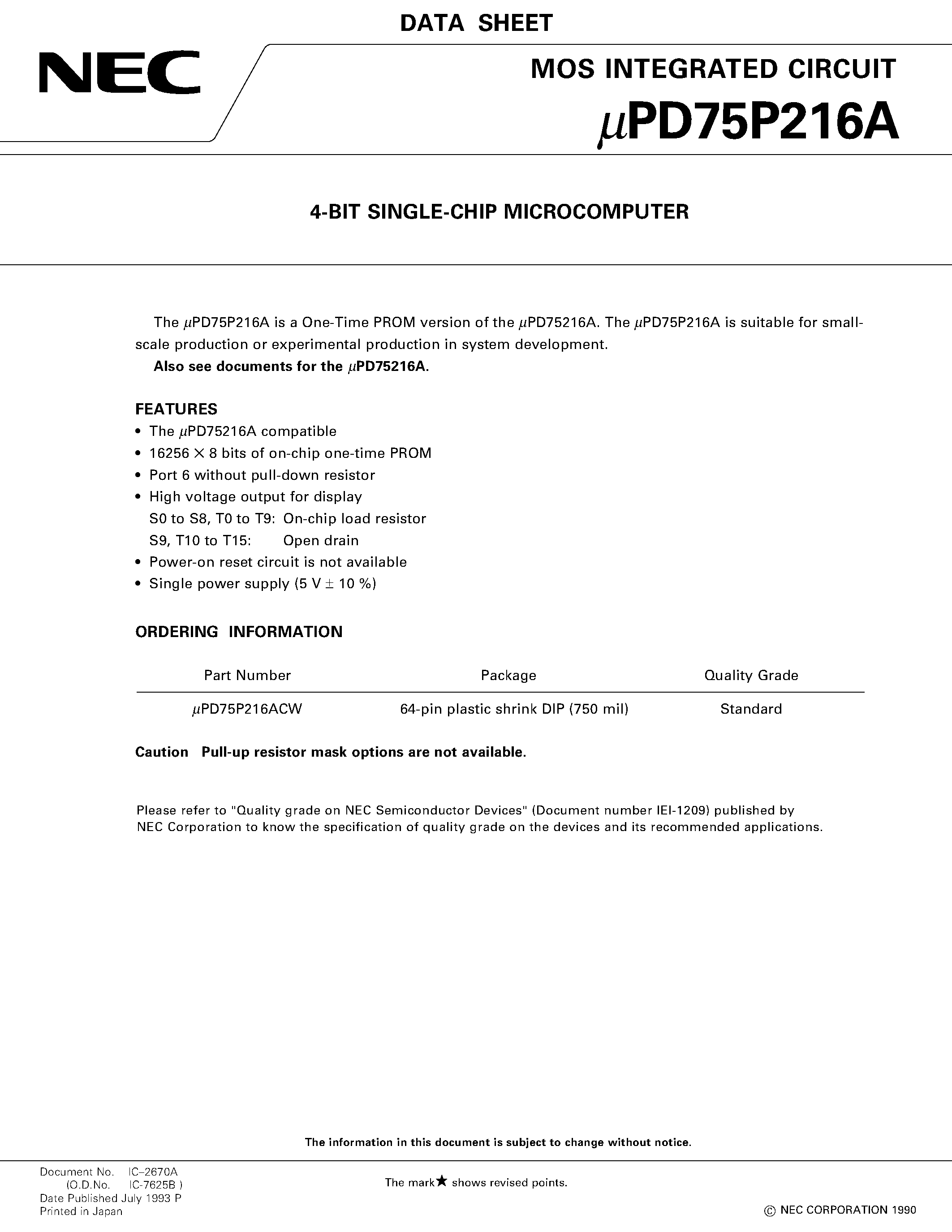 Datasheet UPD75P216A - 4-BIT SINGLE-CHIP MICROCOMPUTER page 1