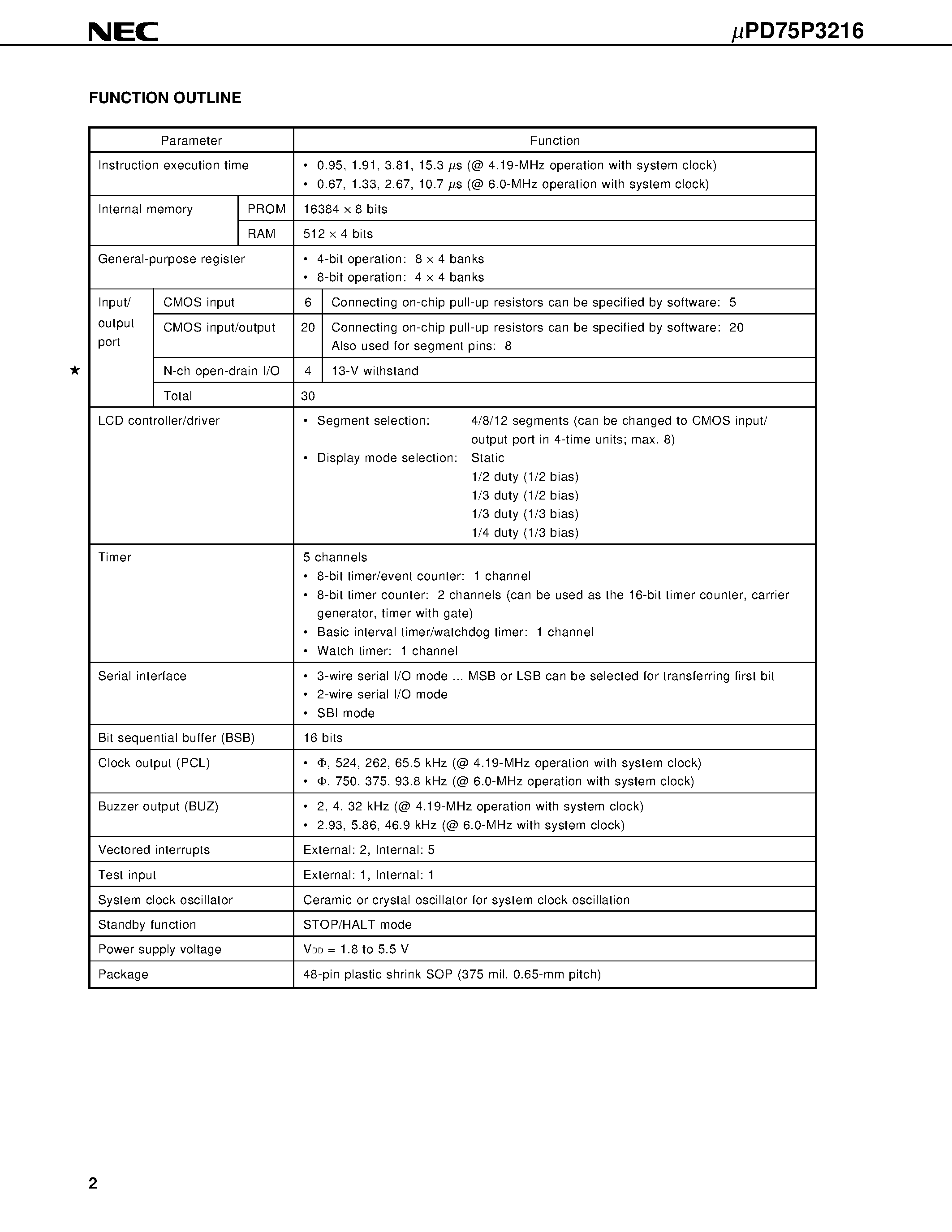 Datasheet UPD75P3216GT - 4-BIT SINGLE-CHIP MICROCONTROLLER page 2