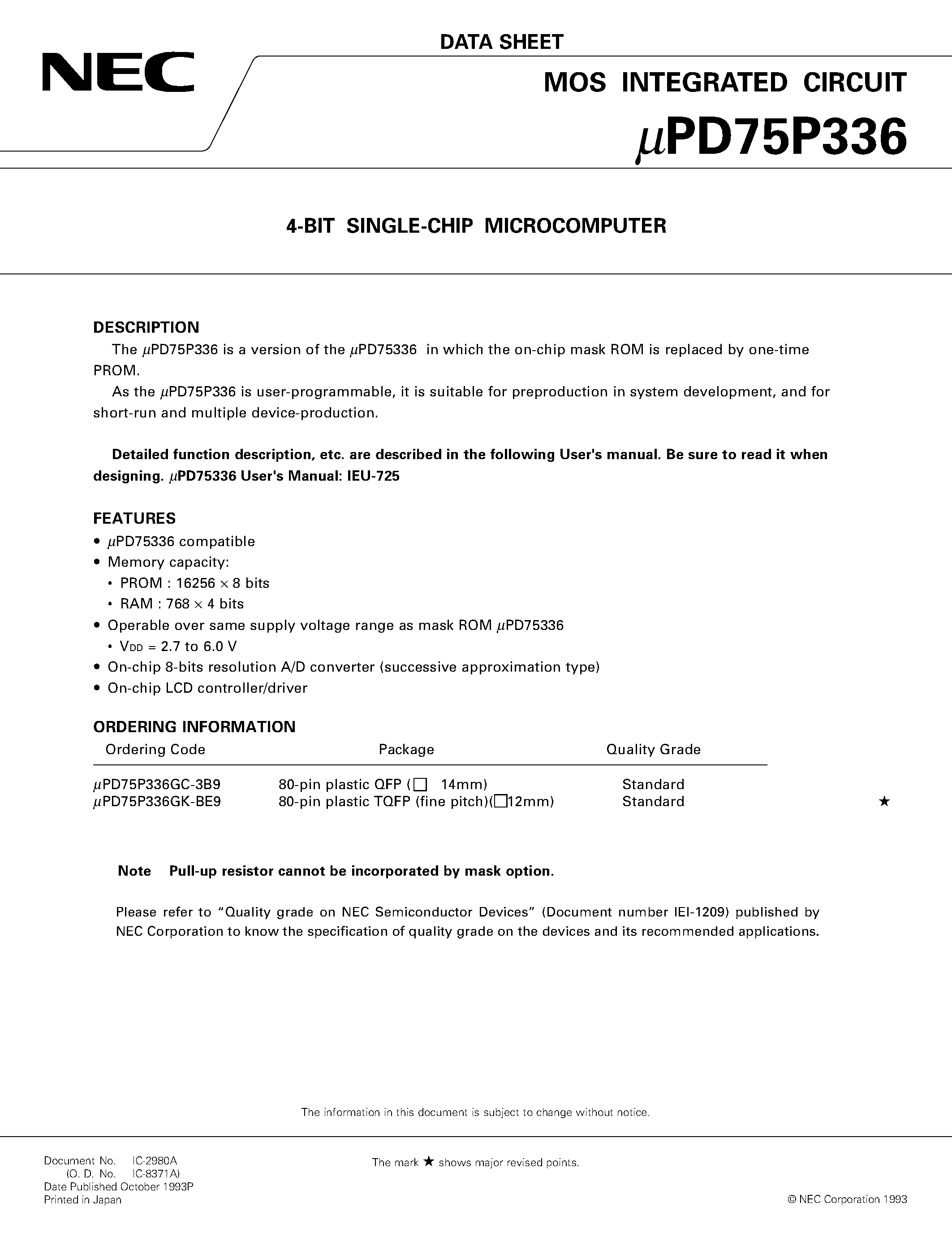 Datasheet UPD75P336 - 4-BIT SINGLE-CHIP MICROCOMPUTER page 1