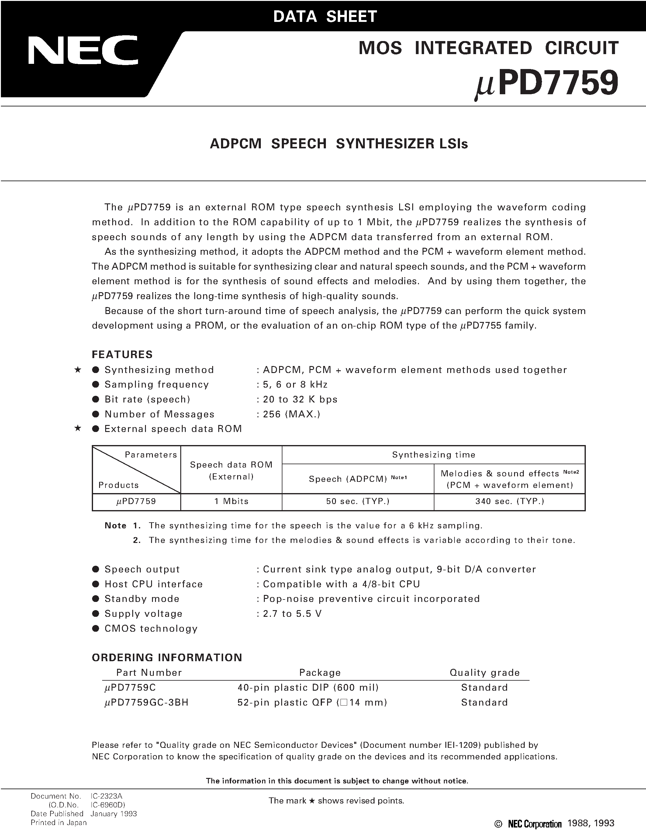 Datasheet UPD7759 - ADPCM SPEECH SYNTHESIZER LSIs page 1