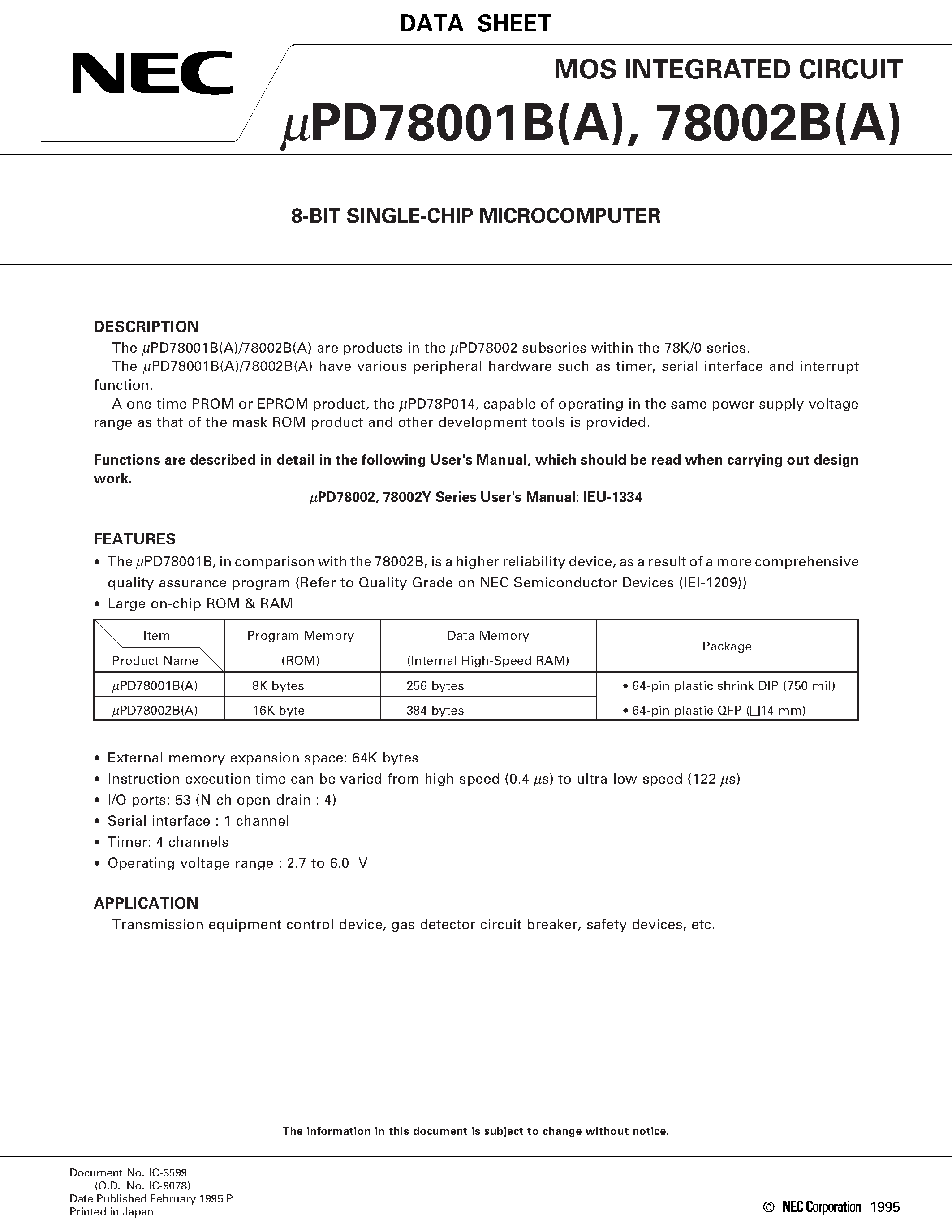 Даташит UPD78001BGCA - 8-BIT SINGLE-CHIP MICROCOMPUTER страница 1