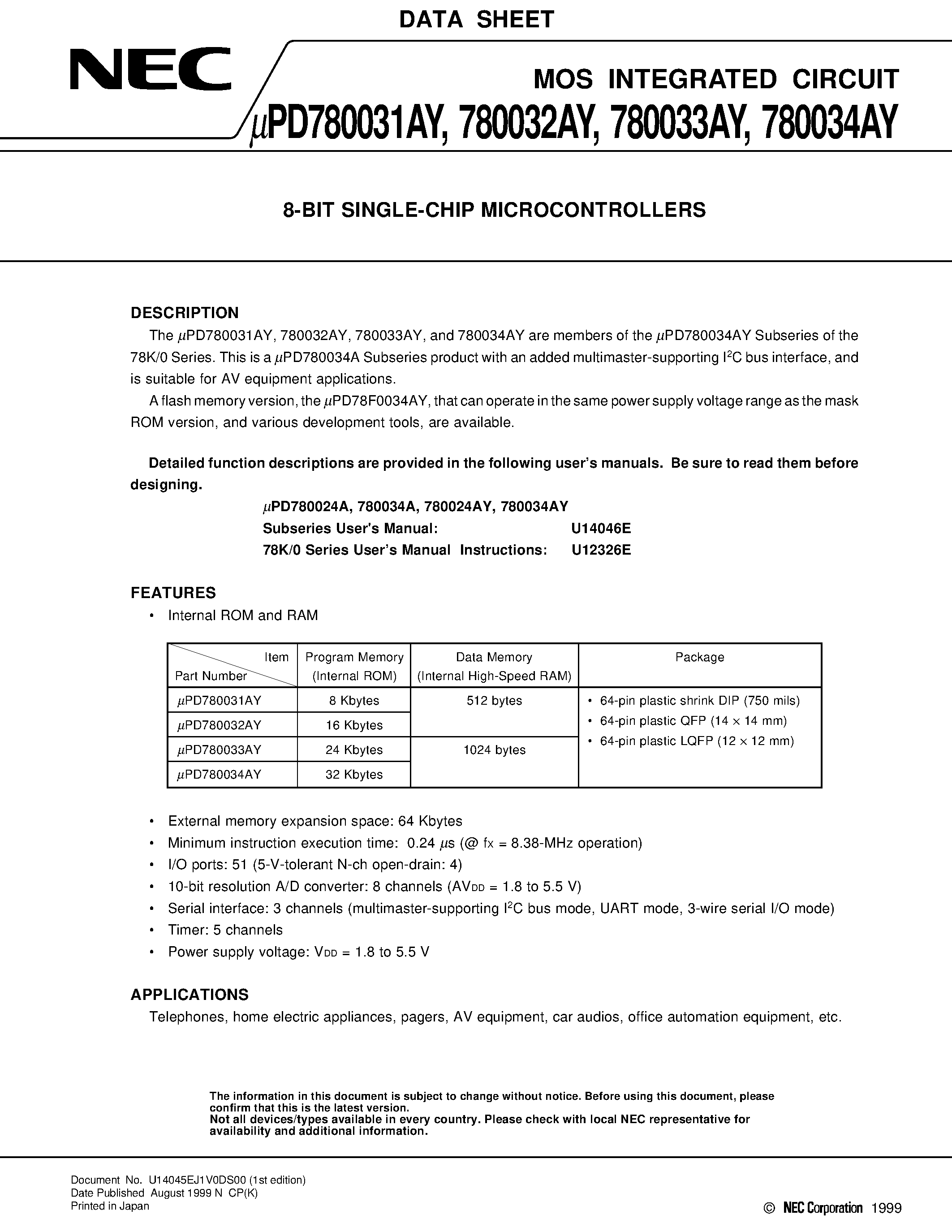 Даташит UPD780033AYGC - 8-BIT SINGLE-CHIP MICROCONTROLLERS страница 1