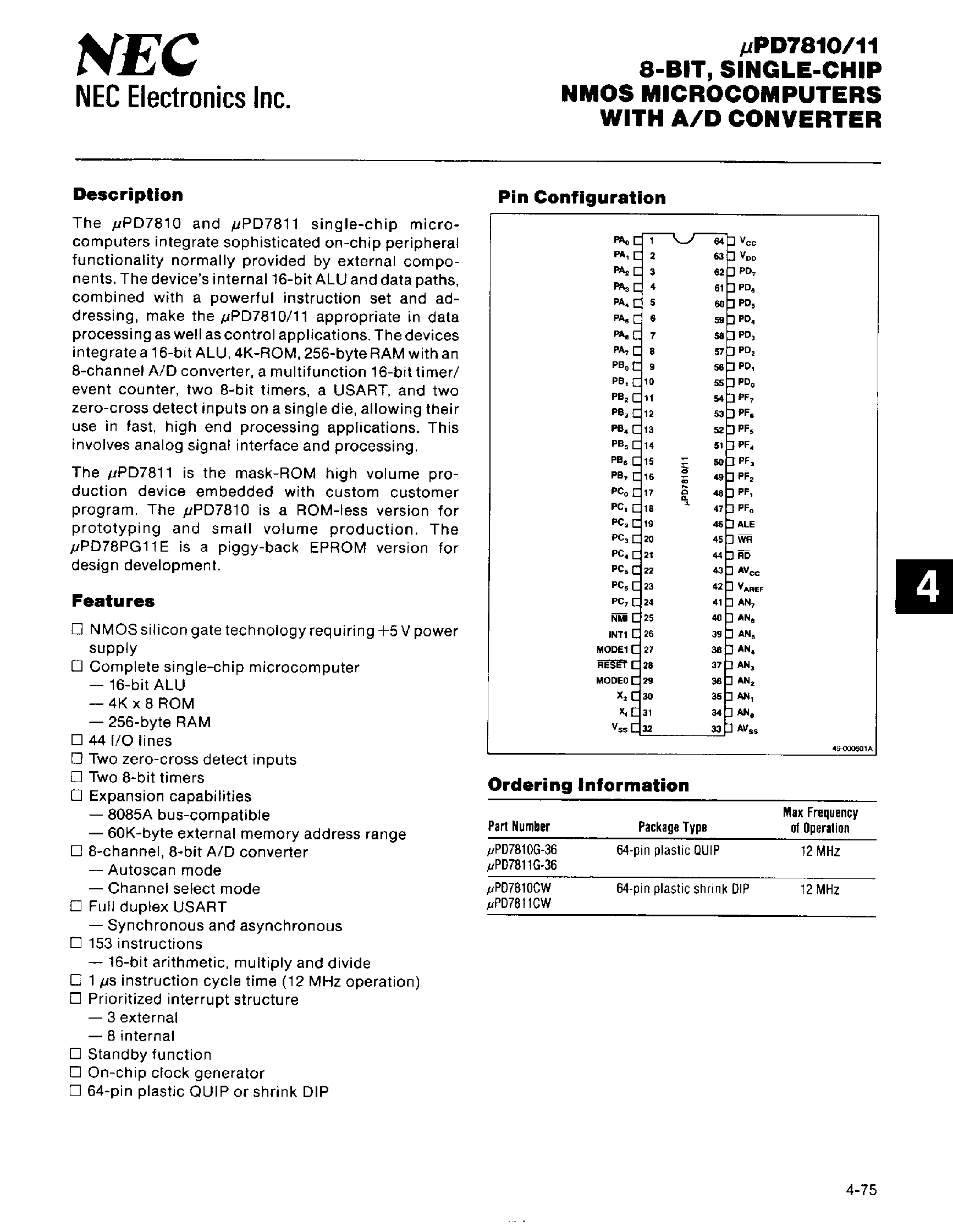 Даташит UPD7810 - 8 BIT SINGLE CHIP NMOS MICROCOMPUTERS WITH A/D CONVERTERl страница 1