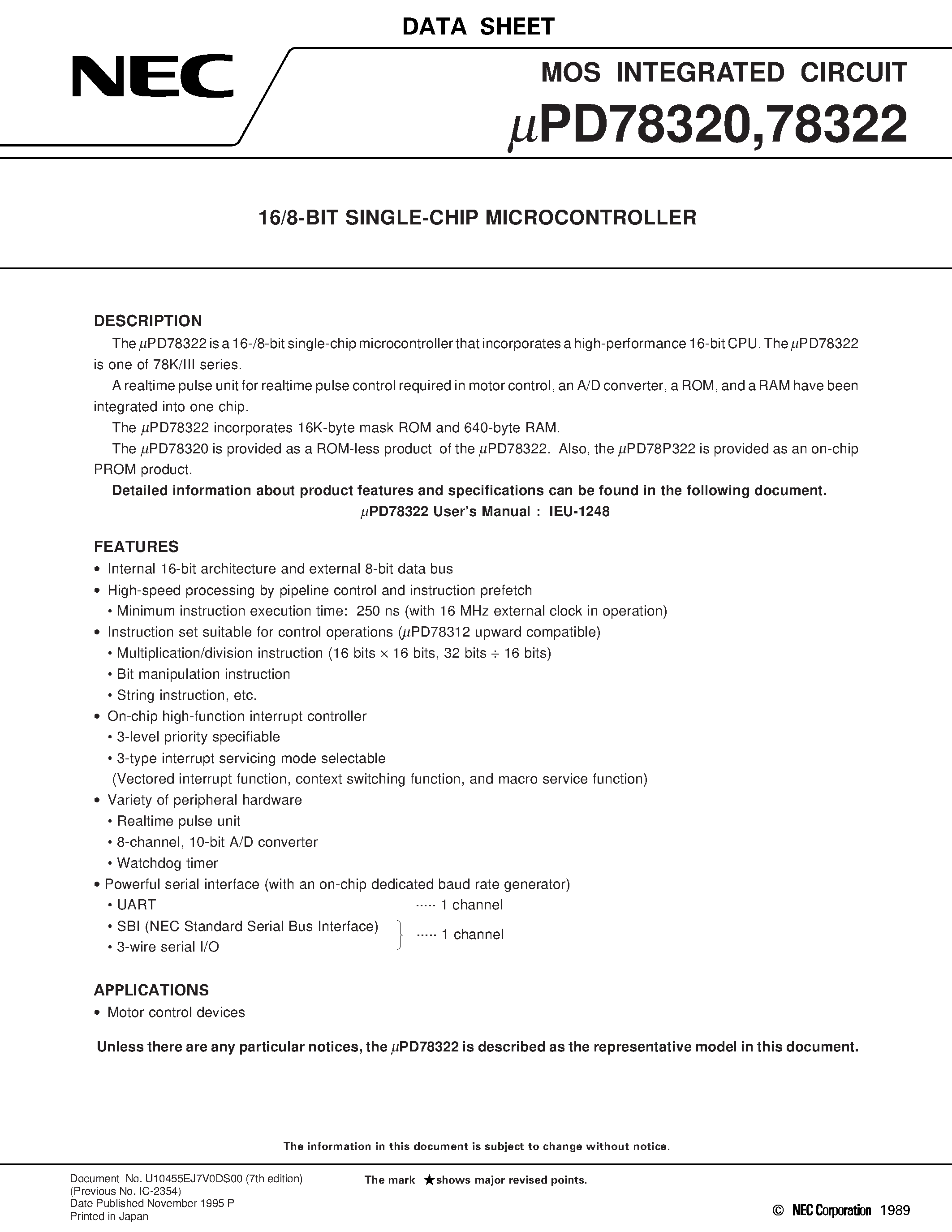 Даташит UPD78322L - 16/8-BIT SINGLE-CHIP MICROCONTROLLER страница 1