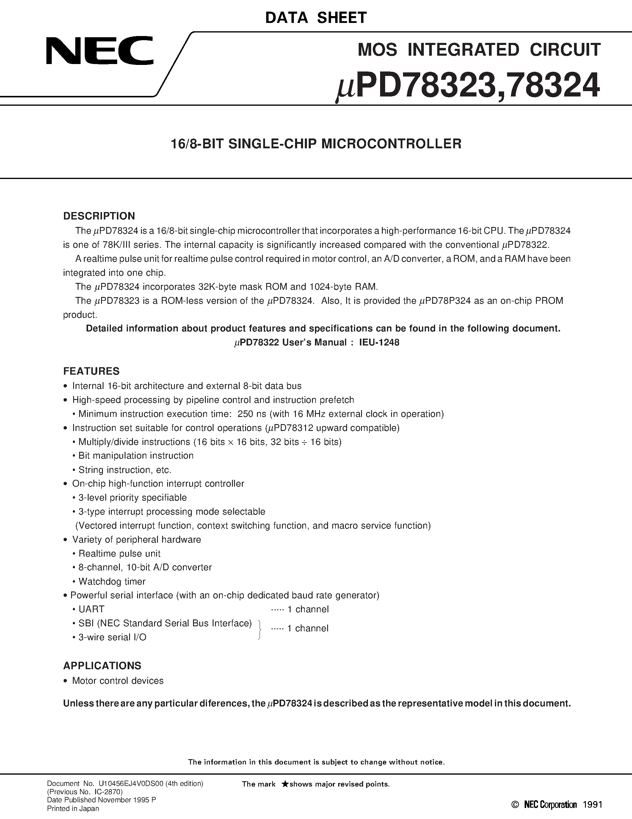 Даташит UPD78324LP - 16/8-BIT SINGLE-CHIP MICROCONTROLLER страница 1