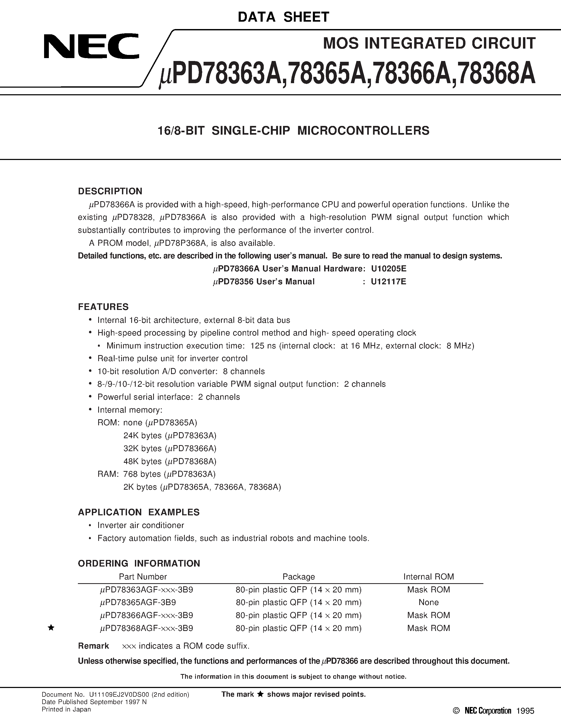 Даташит UPD78363AGF - 16/8-BIT SINGLE-CHIP MICROCONTROLLERS страница 1