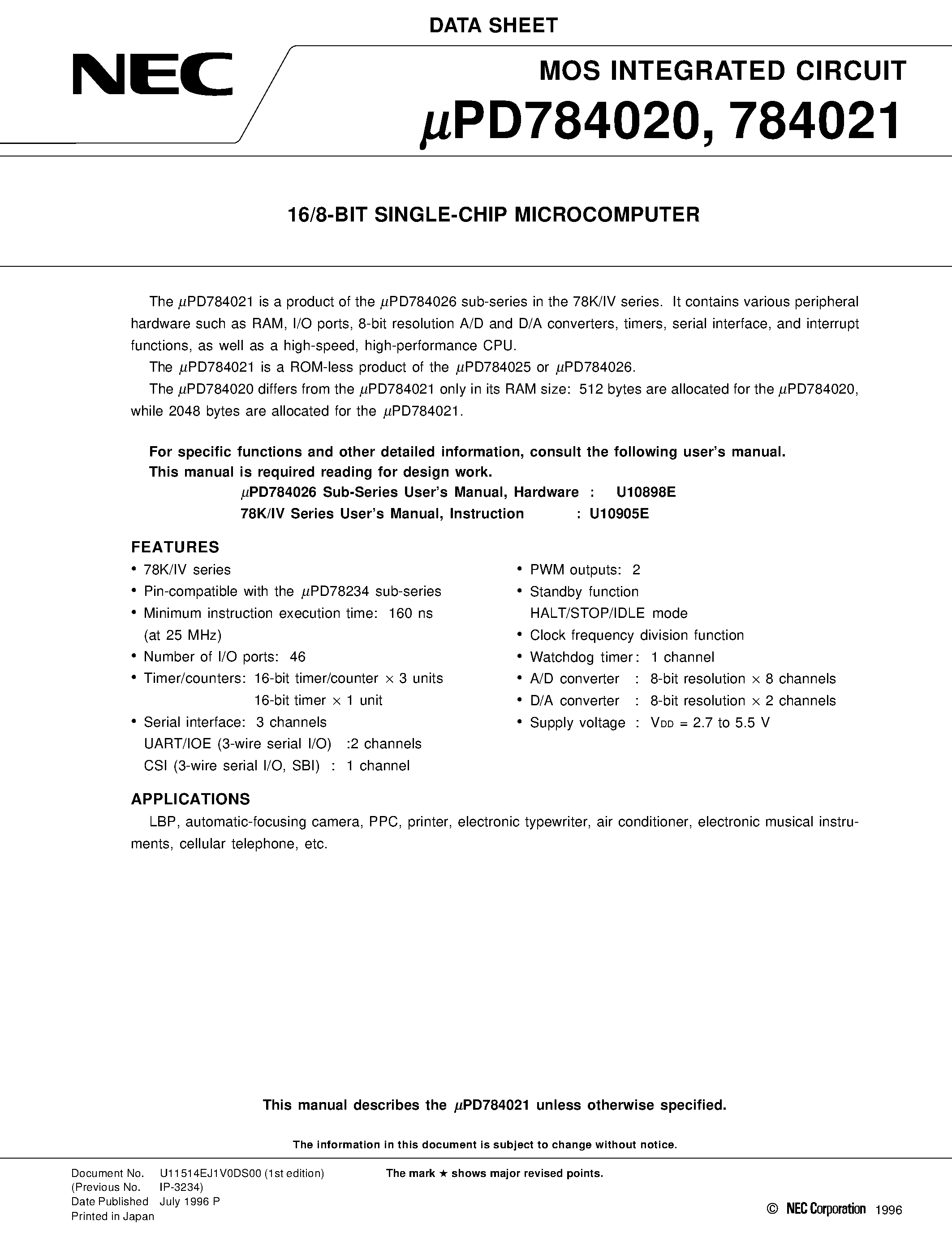 Даташит UPD784020 - 16/8-BIT SINGLE-CHIP MICROCOMPUTER страница 1