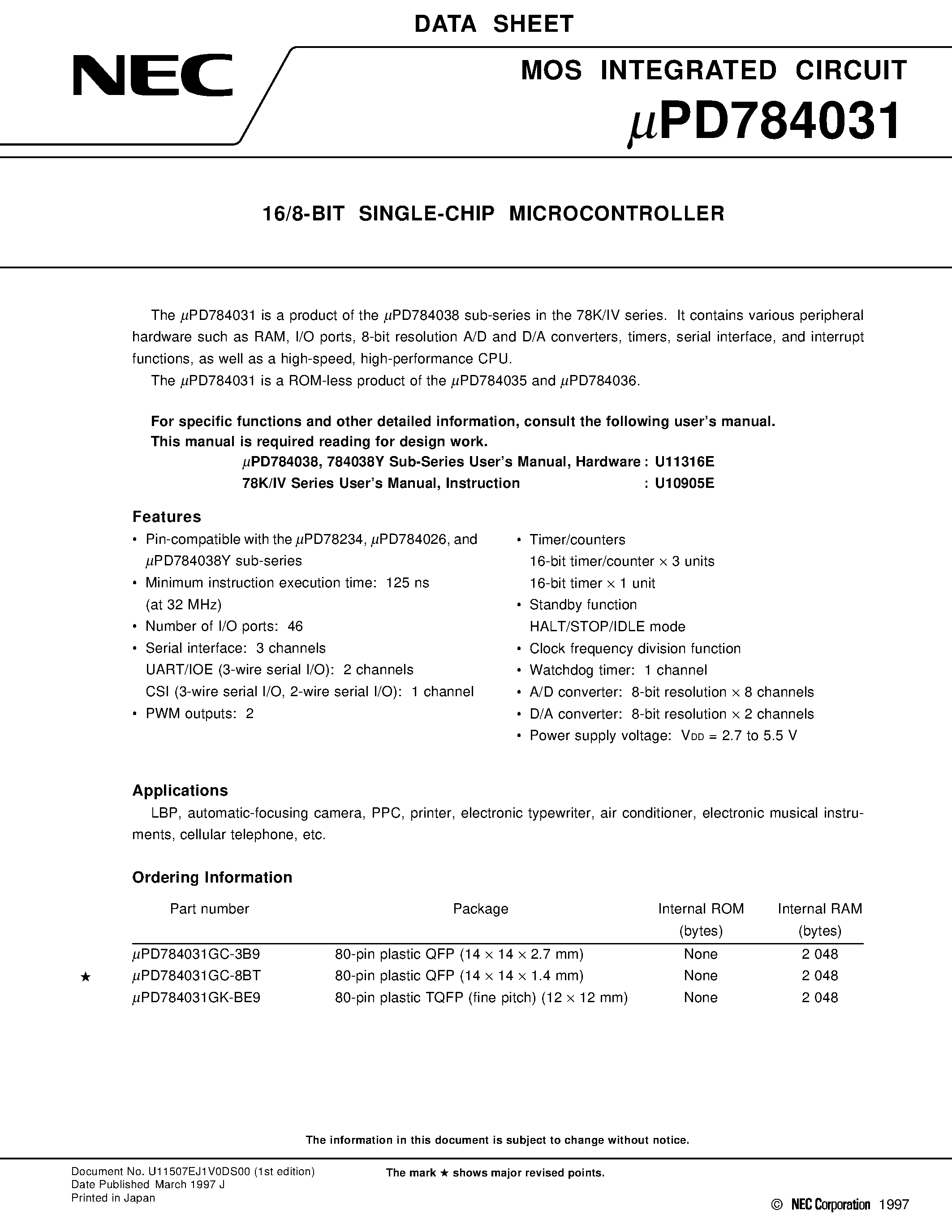 Даташит UPD784031GK-BE9 - 16/8-BIT SINGLE-CHIP MICROCONTROLLER страница 1