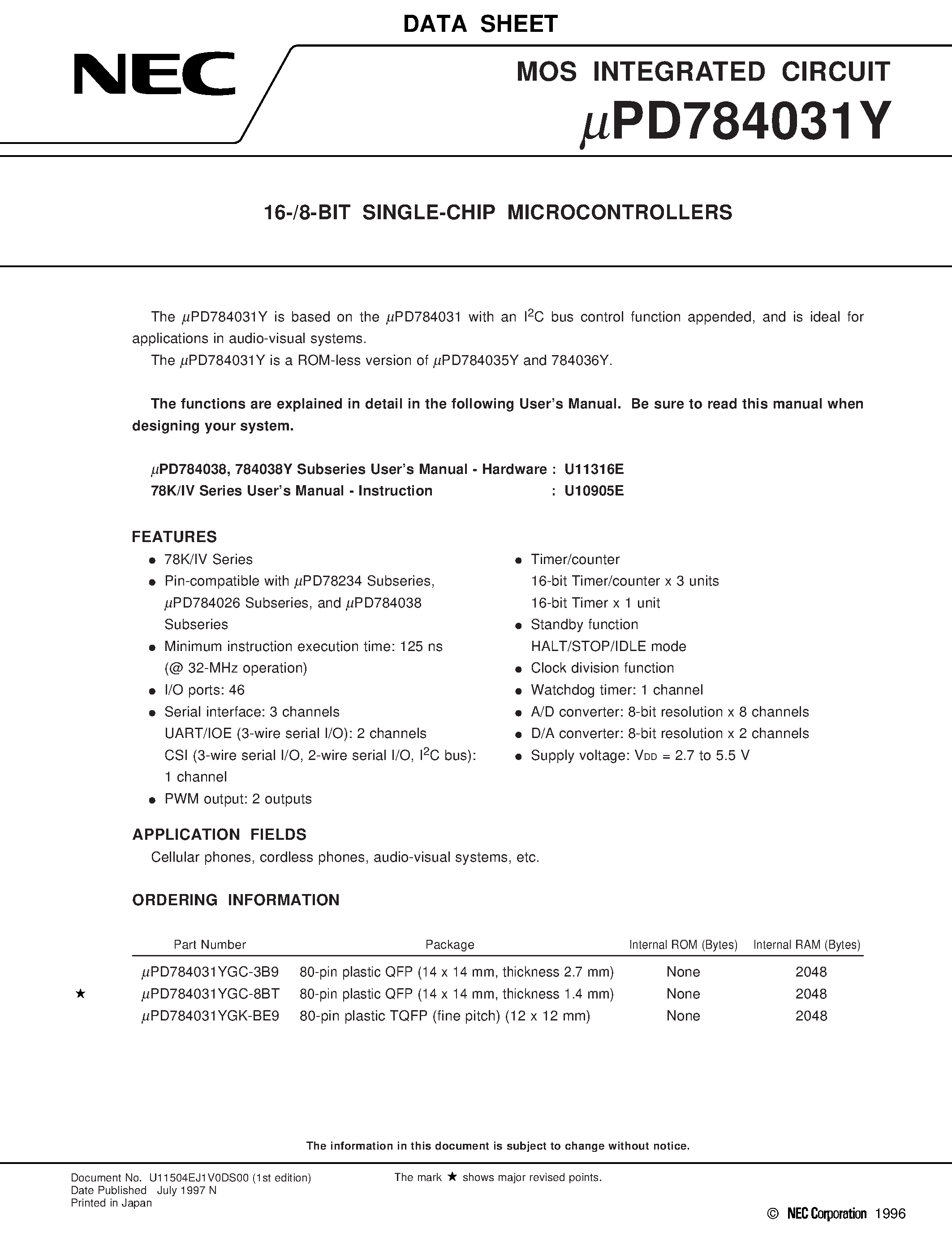 Даташит UPD784031YGC-8BT - 16-/8-BIT SINGLE-CHIP MICROCONTROLLERS страница 1