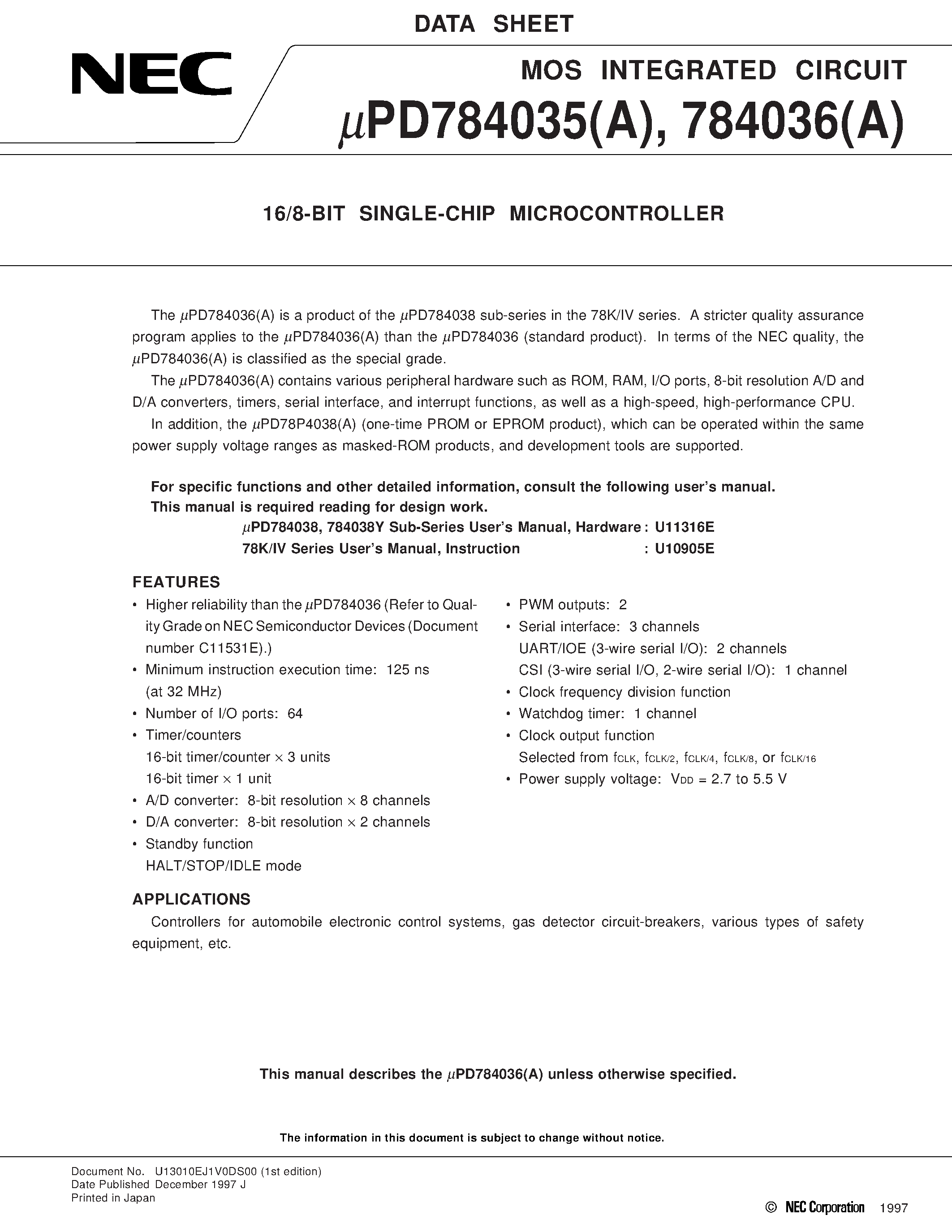 Даташит UPD784035GCA - 16/8-BIT SINGLE-CHIP MICROCONTROLLER страница 1