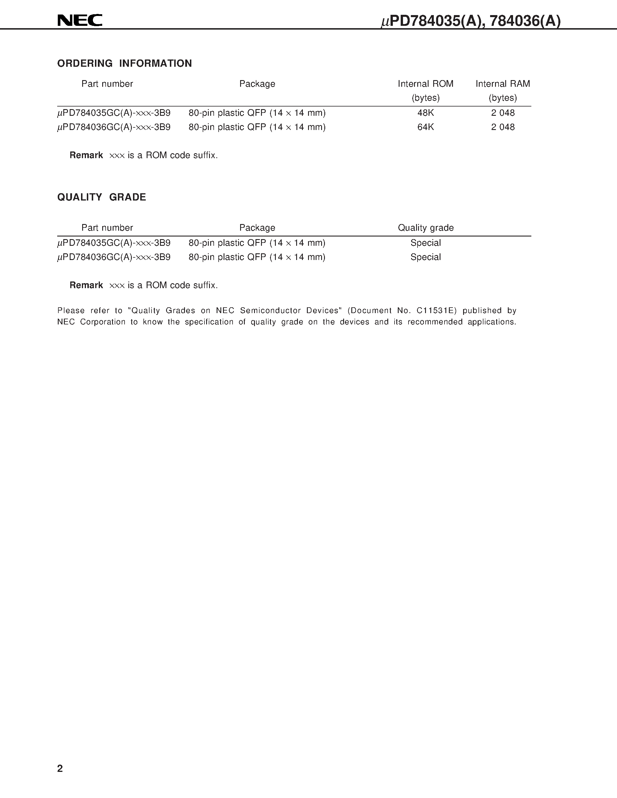 Даташит UPD784036GCA - 16/8-BIT SINGLE-CHIP MICROCONTROLLER страница 2